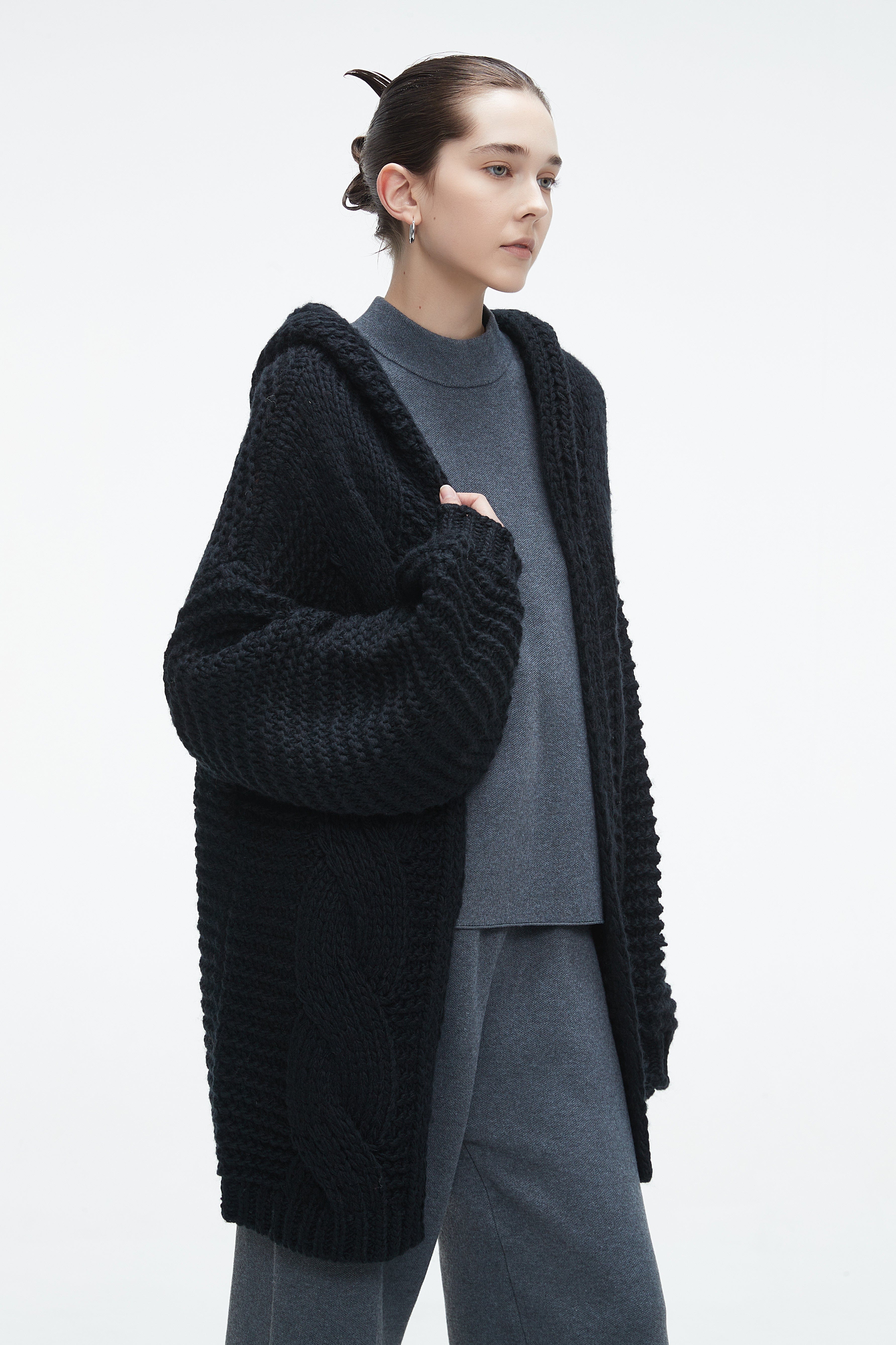 Long Wool Cardigan with Long Sleeves - Winter