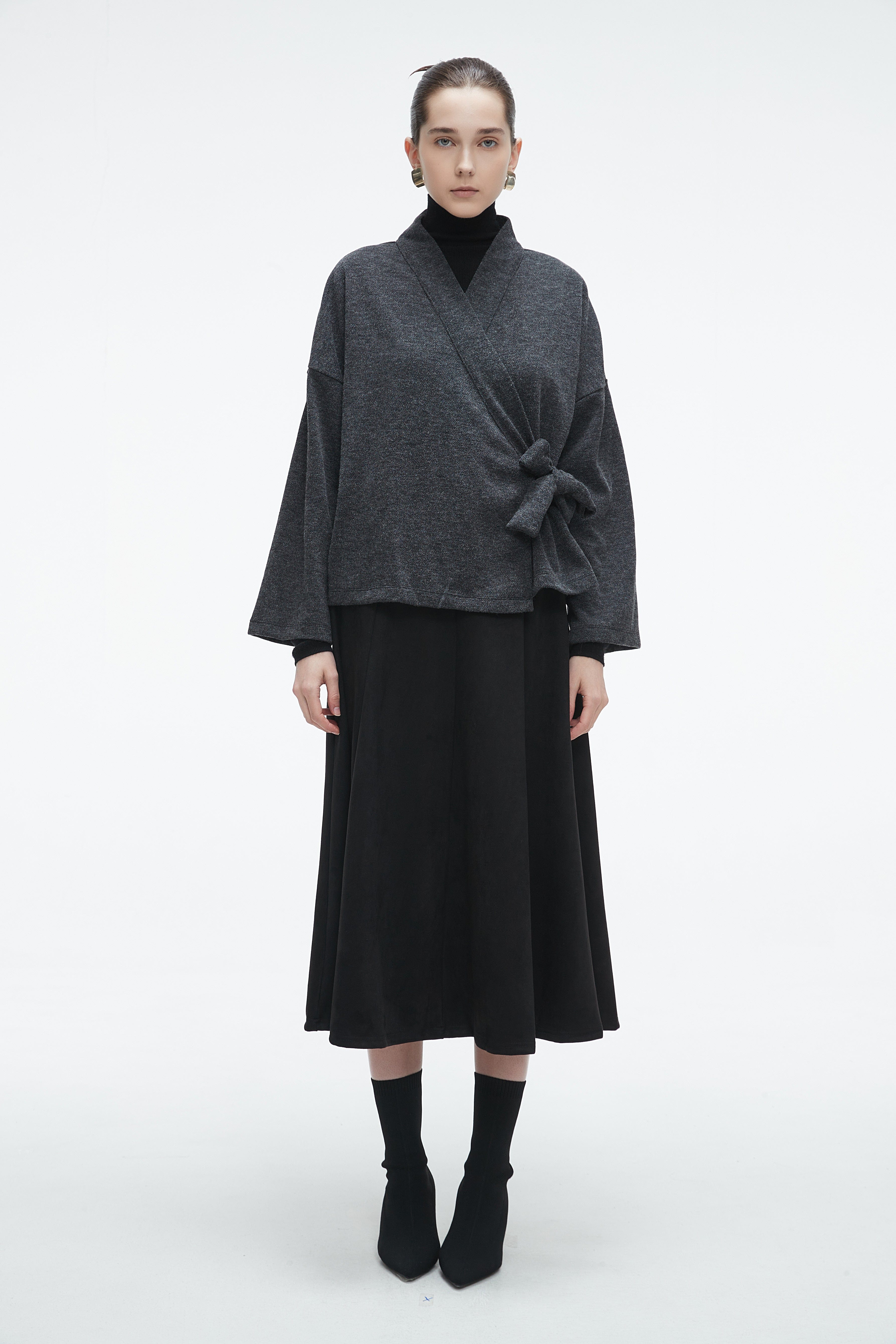 Plain Wrap Cardigan with Side Tie and Long Sleeves