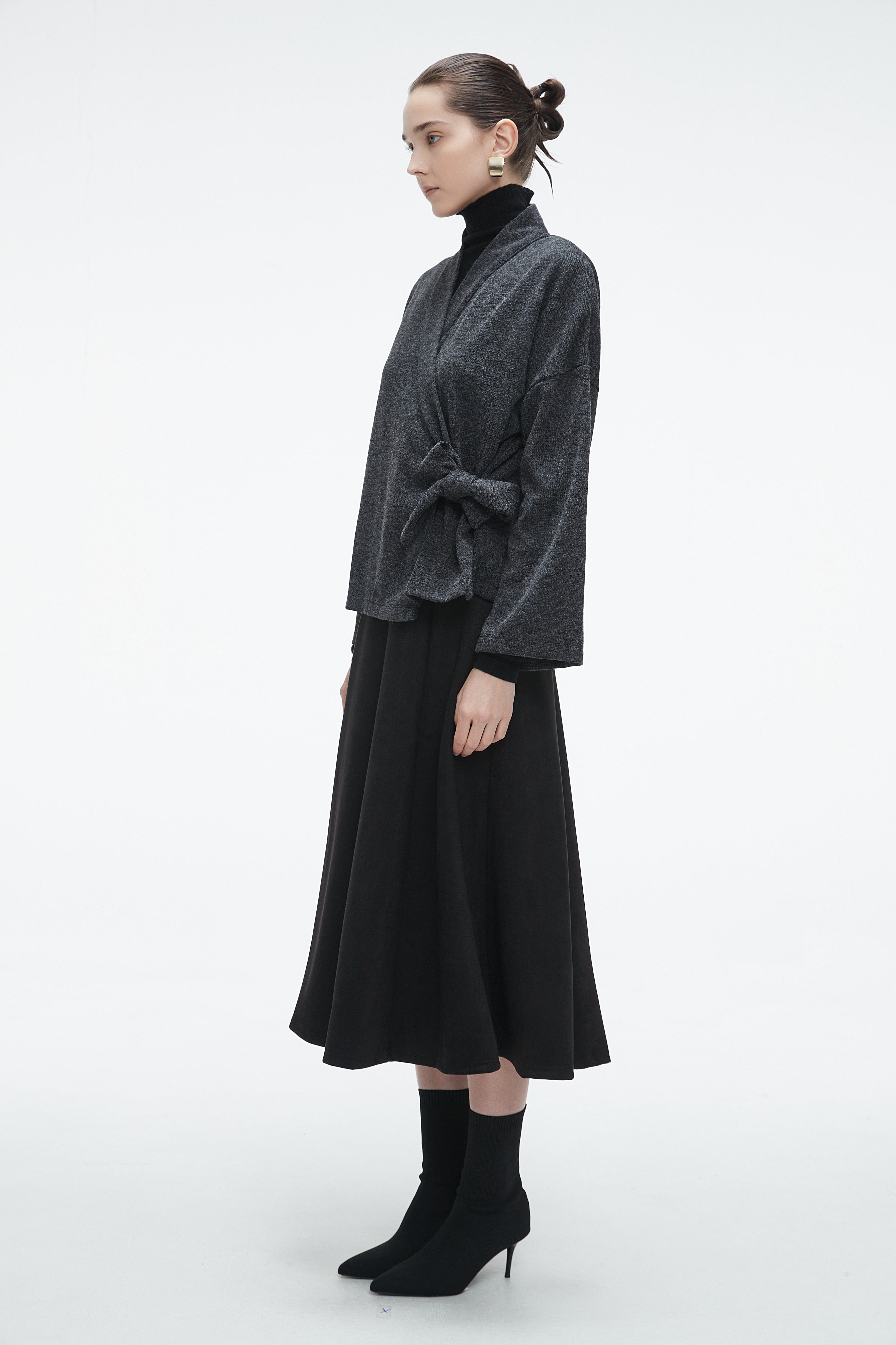 Plain Wrap Cardigan with Side Tie and Long Sleeves