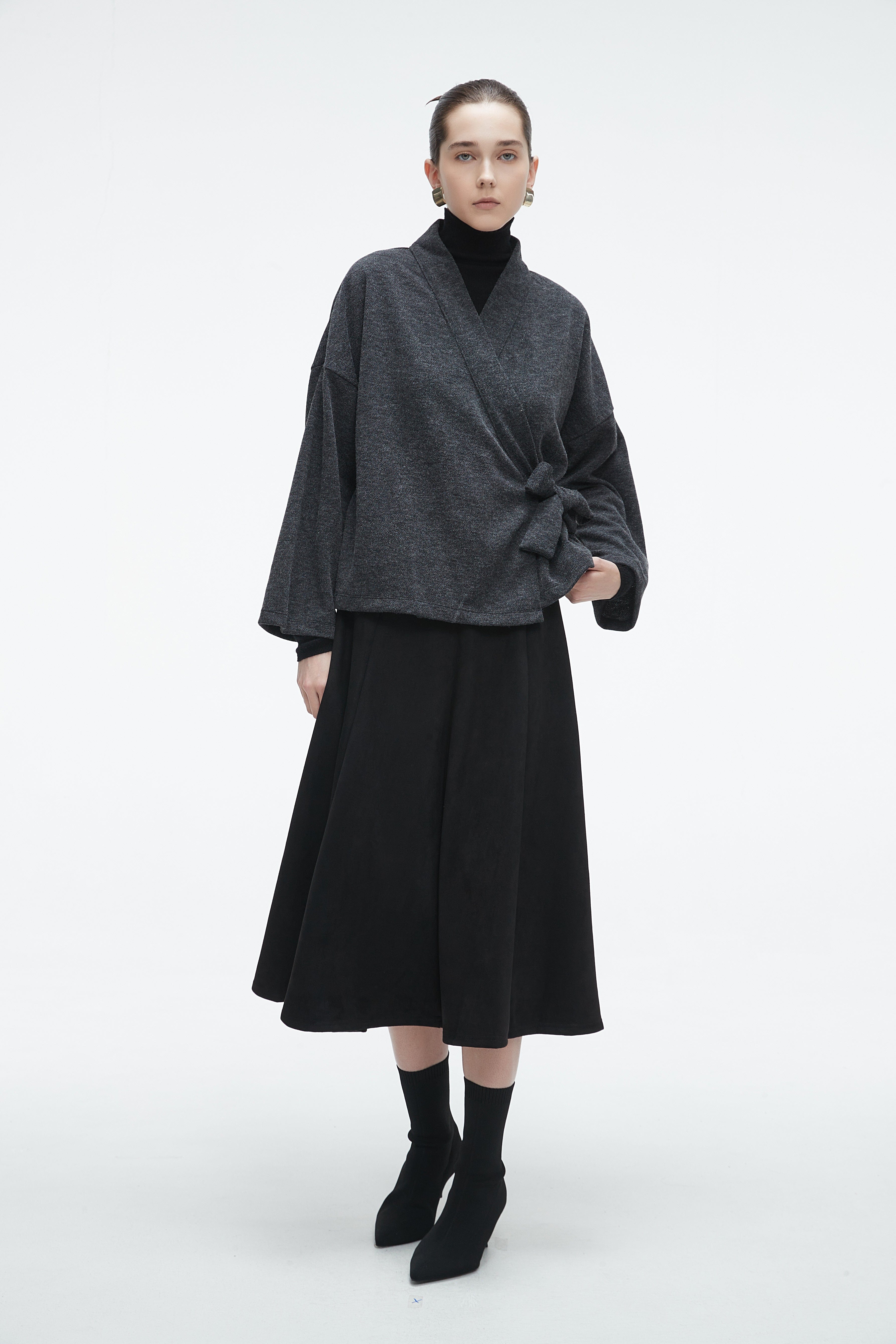 Plain Wrap Cardigan with Side Tie and Long Sleeves