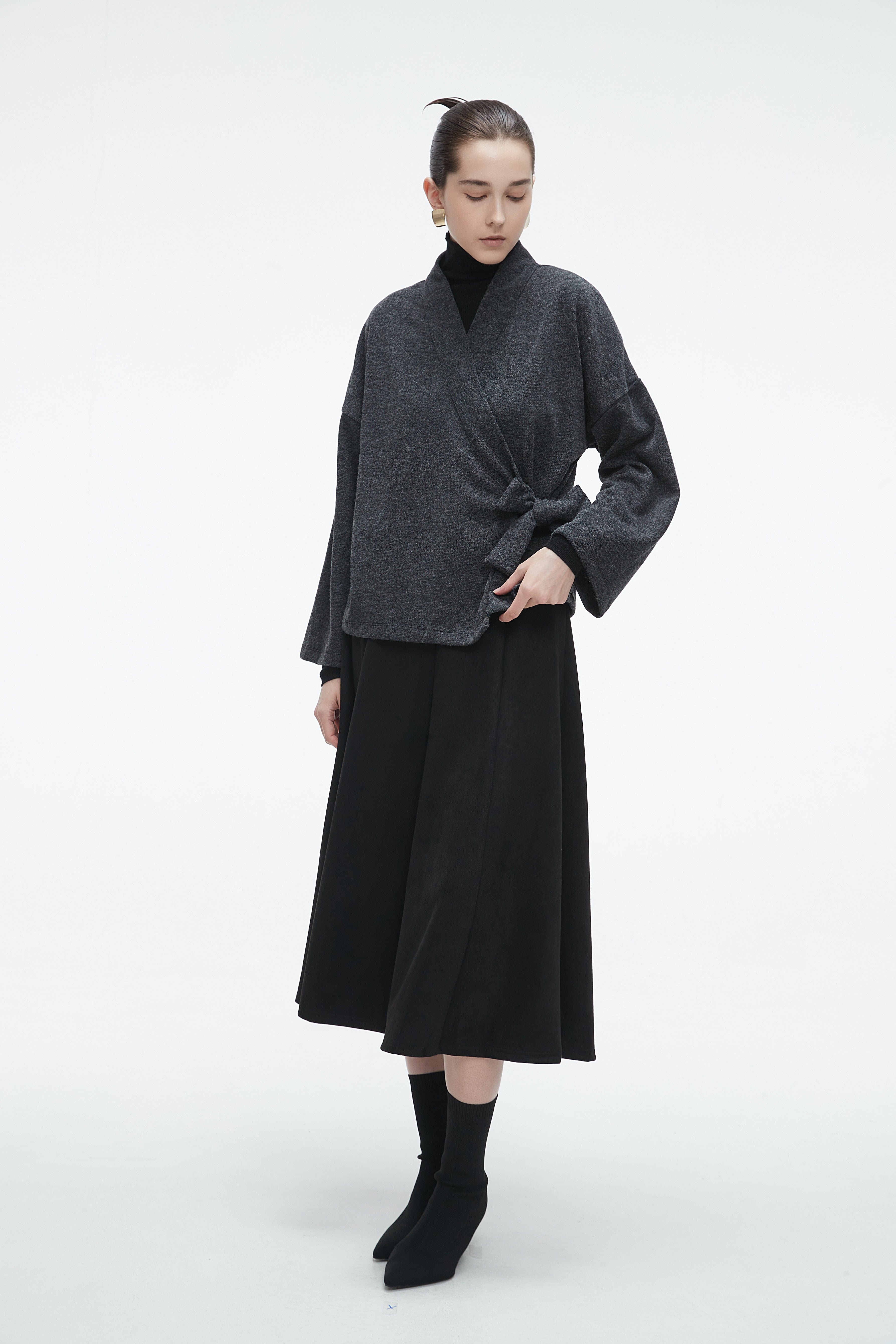 Plain Wrap Cardigan with Side Tie and Long Sleeves