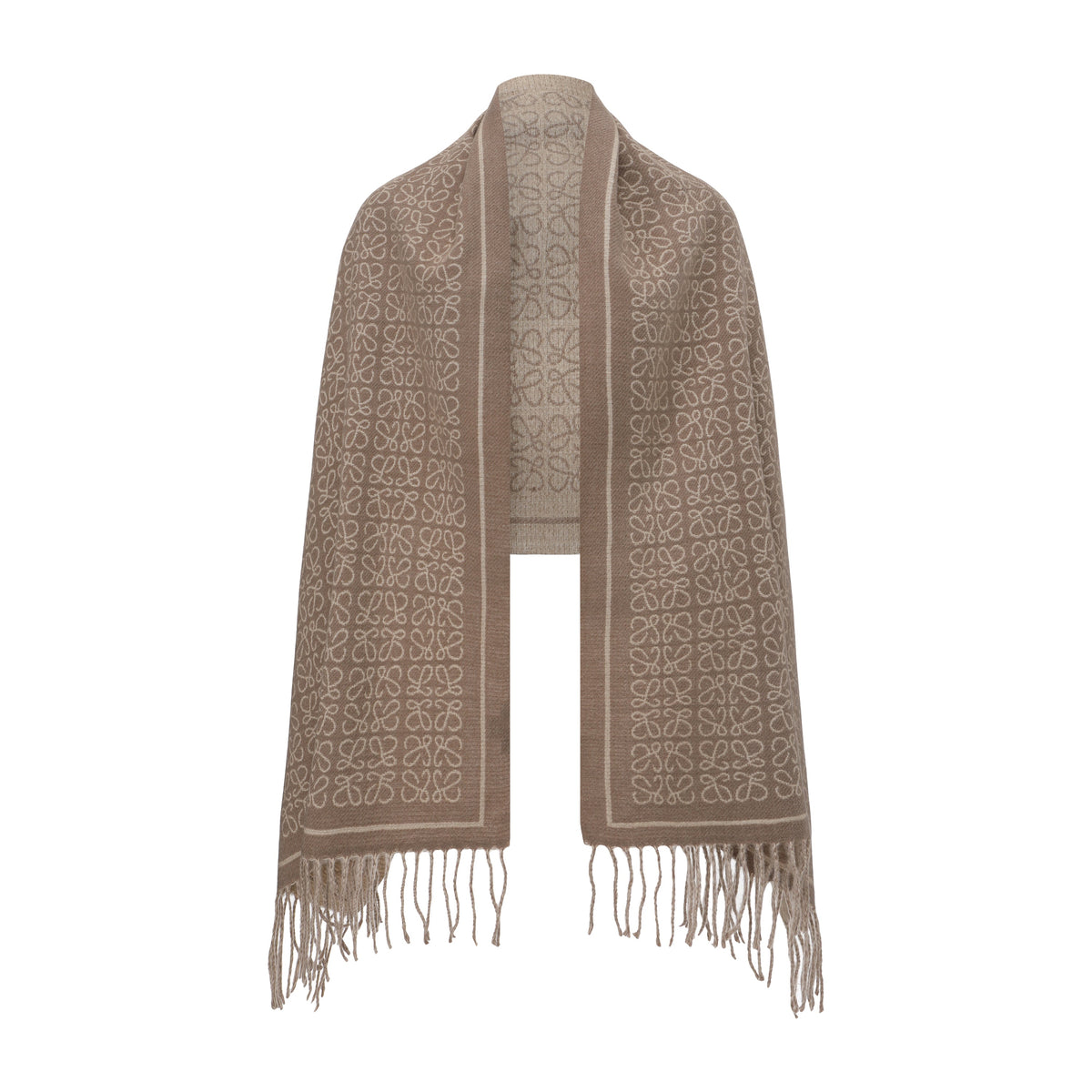 Long Patterned Oval-Neck Scarf With Bottom Fringe
