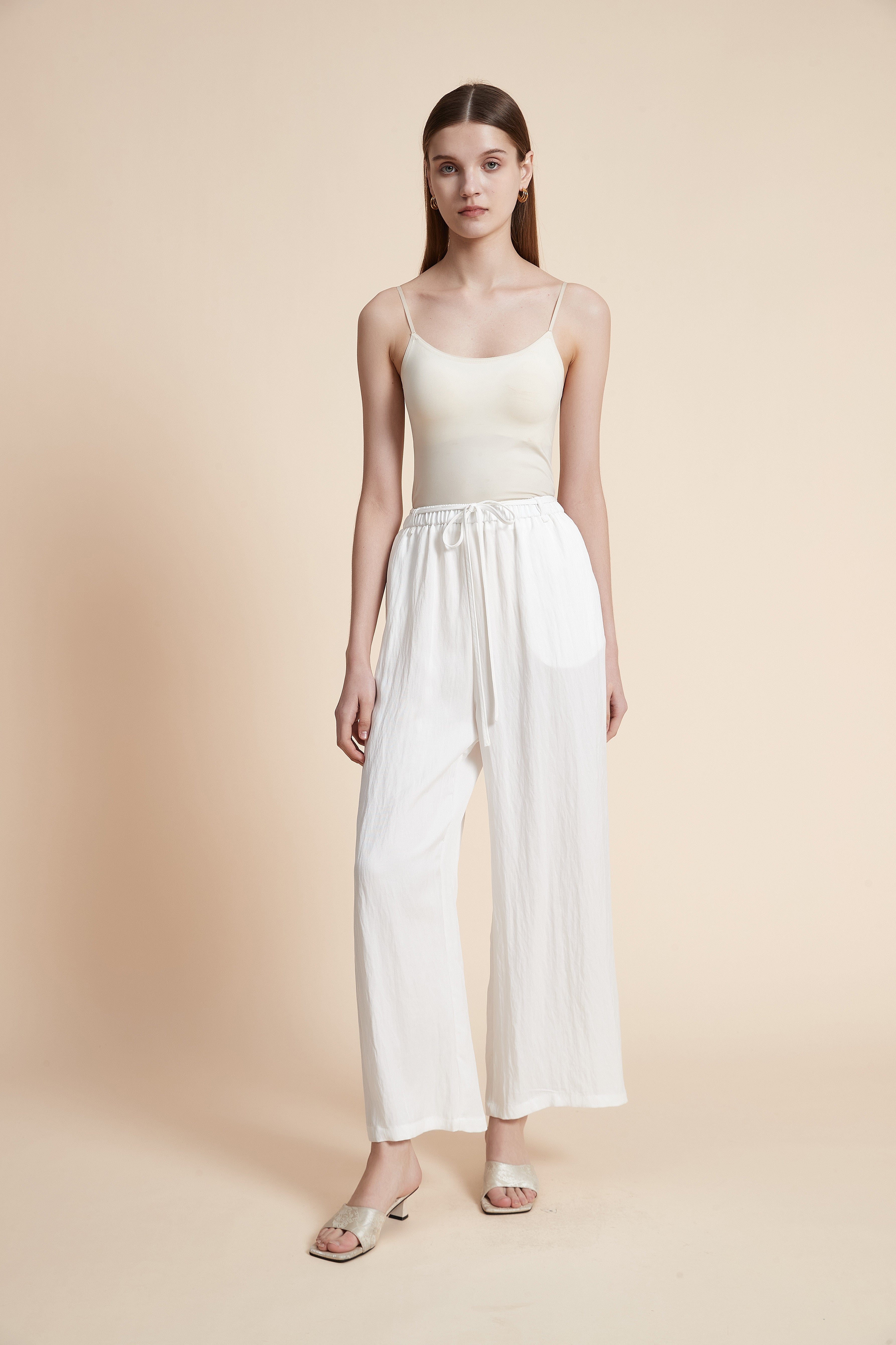 Solid Wide-Leg Long Pants with Waist Tie
