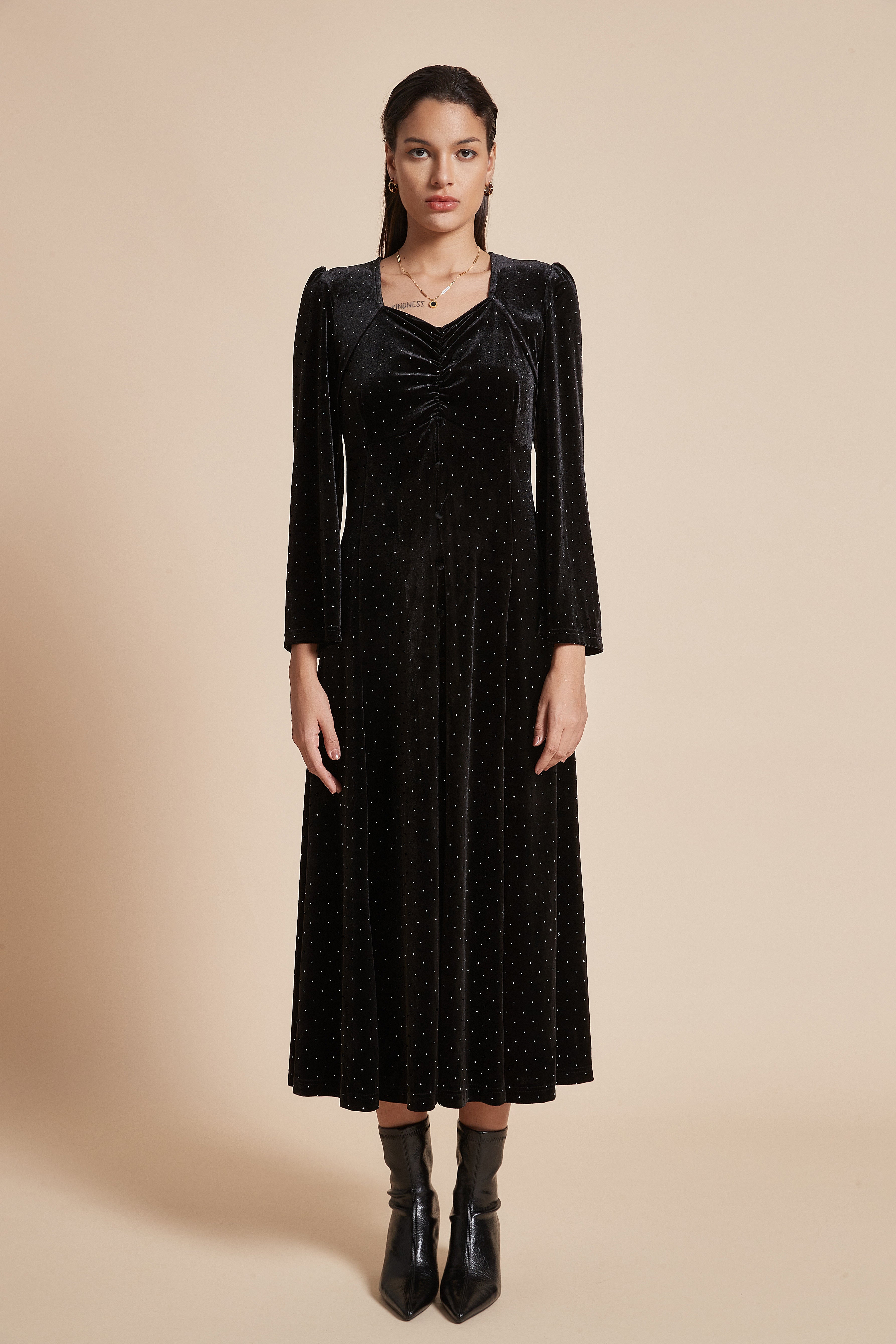 Long Polka Dot Dress With Long Sleeves