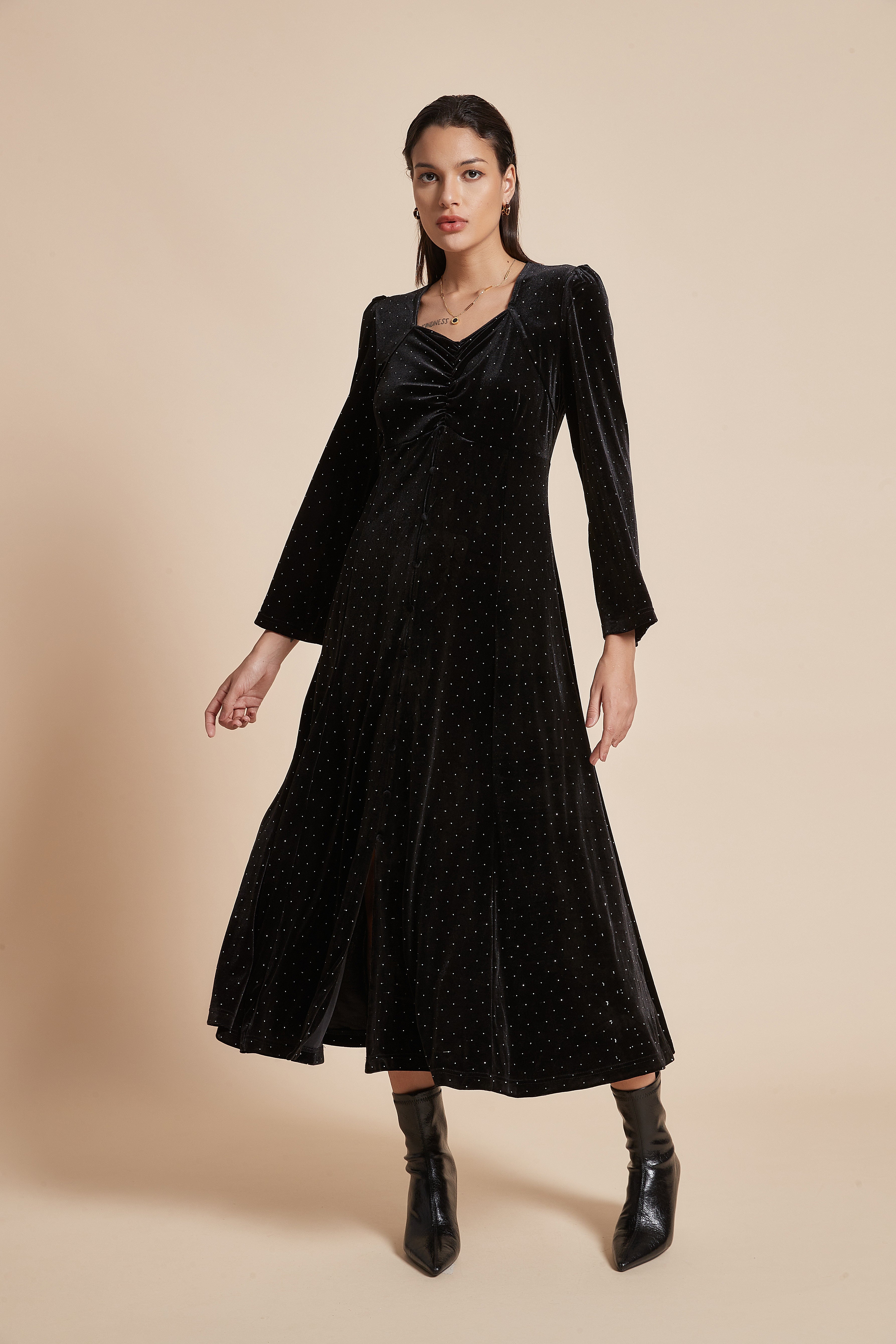 Long Polka Dot Dress With Long Sleeves