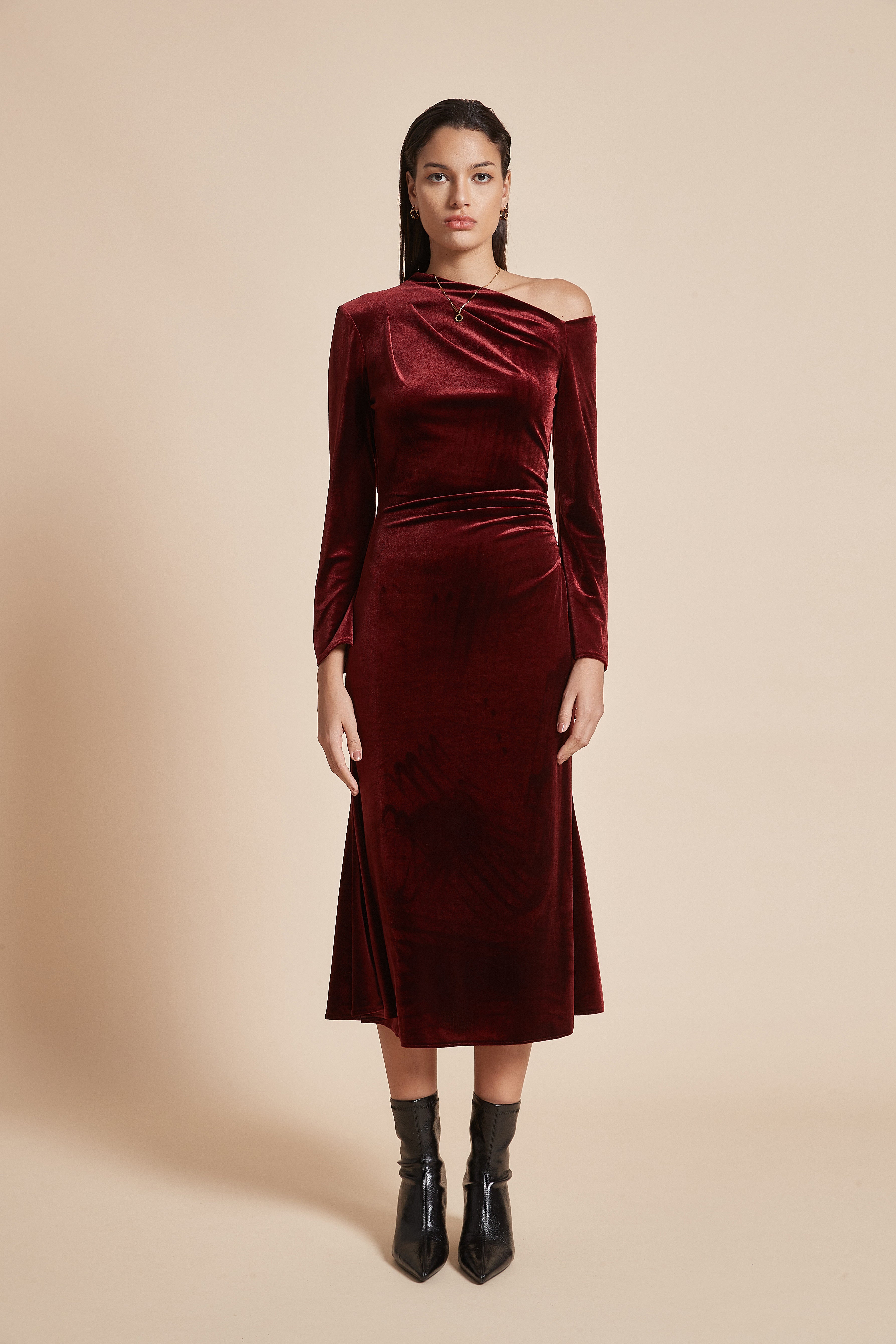 Plain Off-Shoulder Midi Women's Dress with Long Sleeves