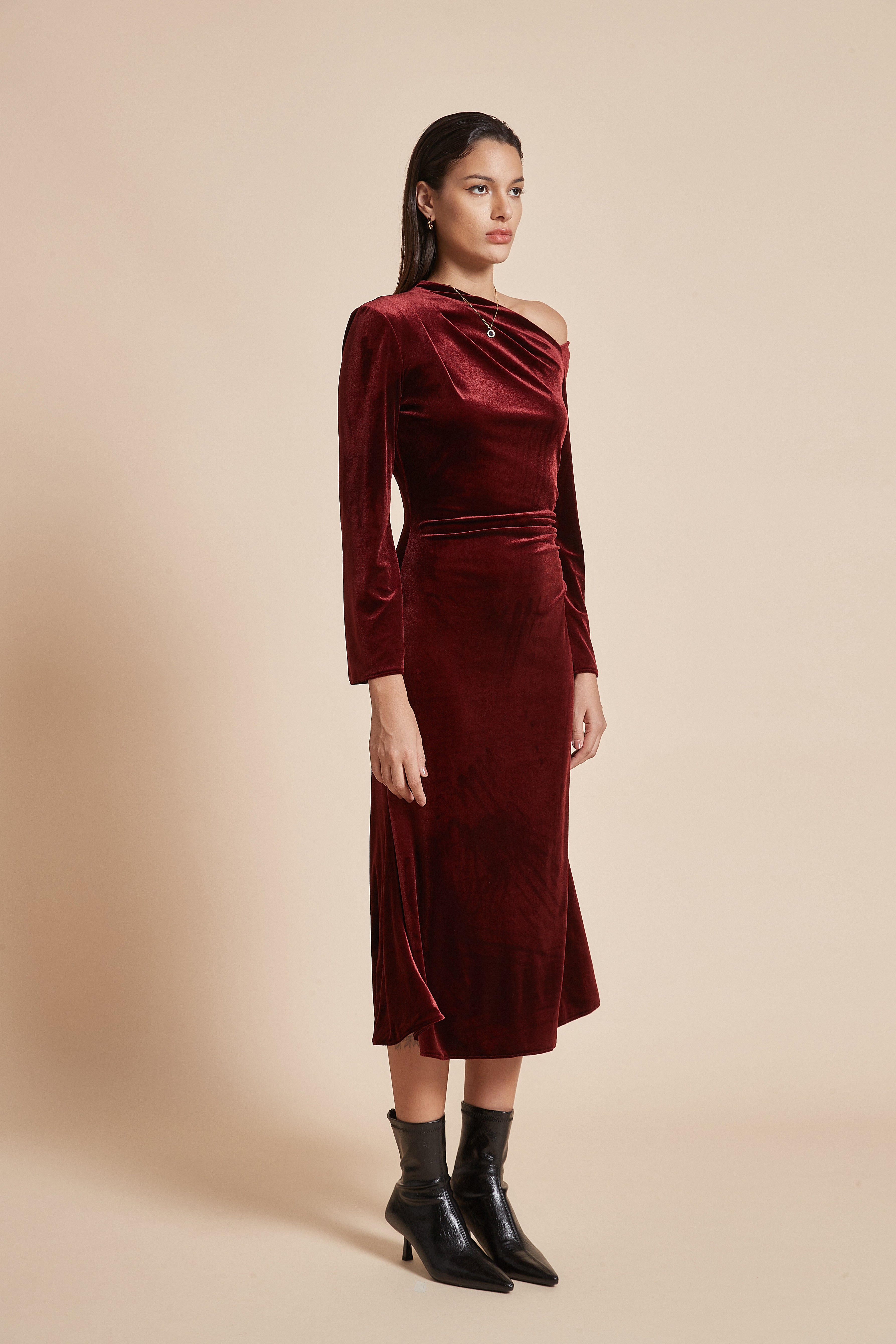 Plain Off-Shoulder Midi Women's Dress with Long Sleeves