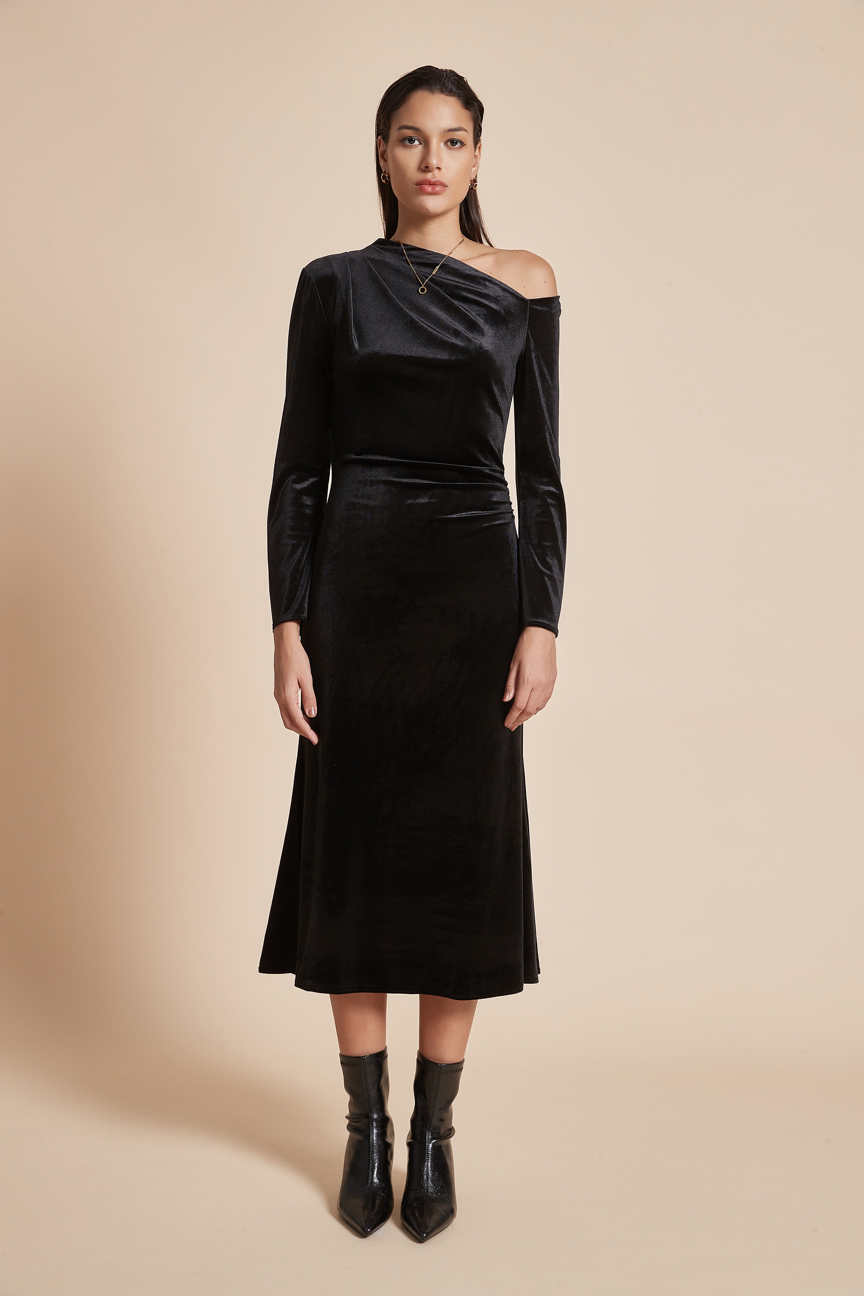 Plain Off-Shoulder Midi Women'S Dress With Long Sleeves