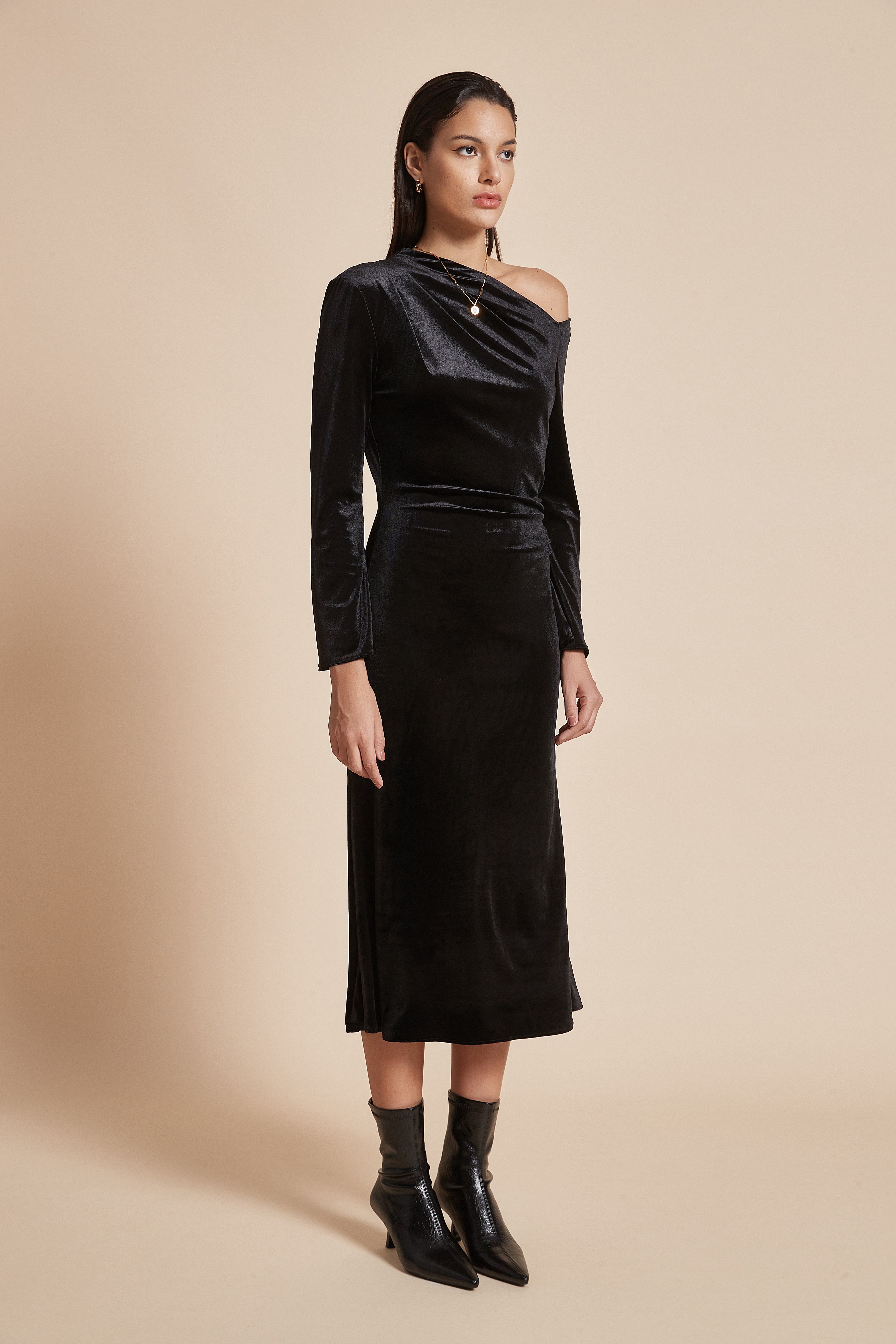 Plain Off-Shoulder Midi Women'S Dress With Long Sleeves