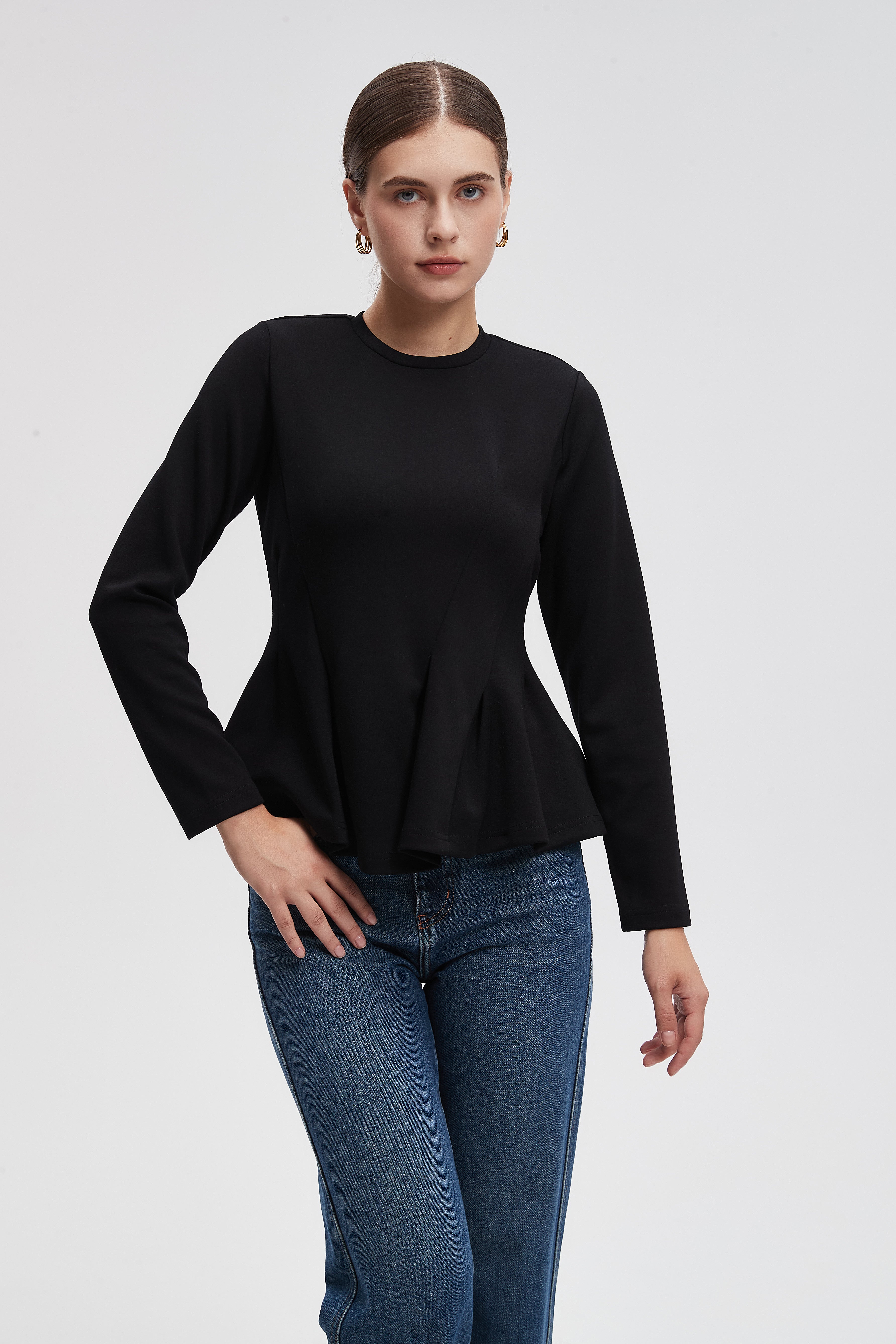 Plain Blouse With Long Sleeves Ruched Hem