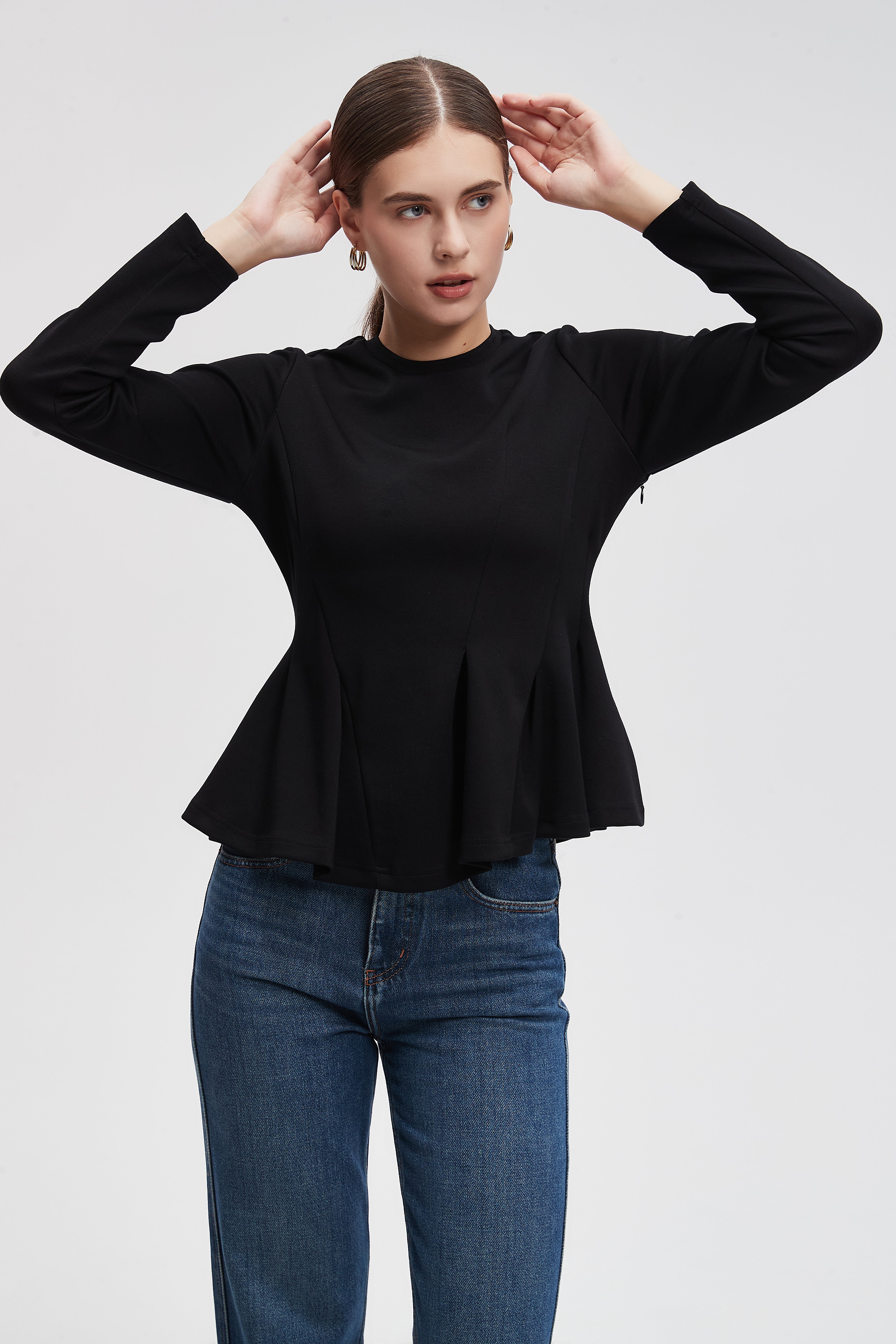 Plain Blouse With Long Sleeves Ruched Hem