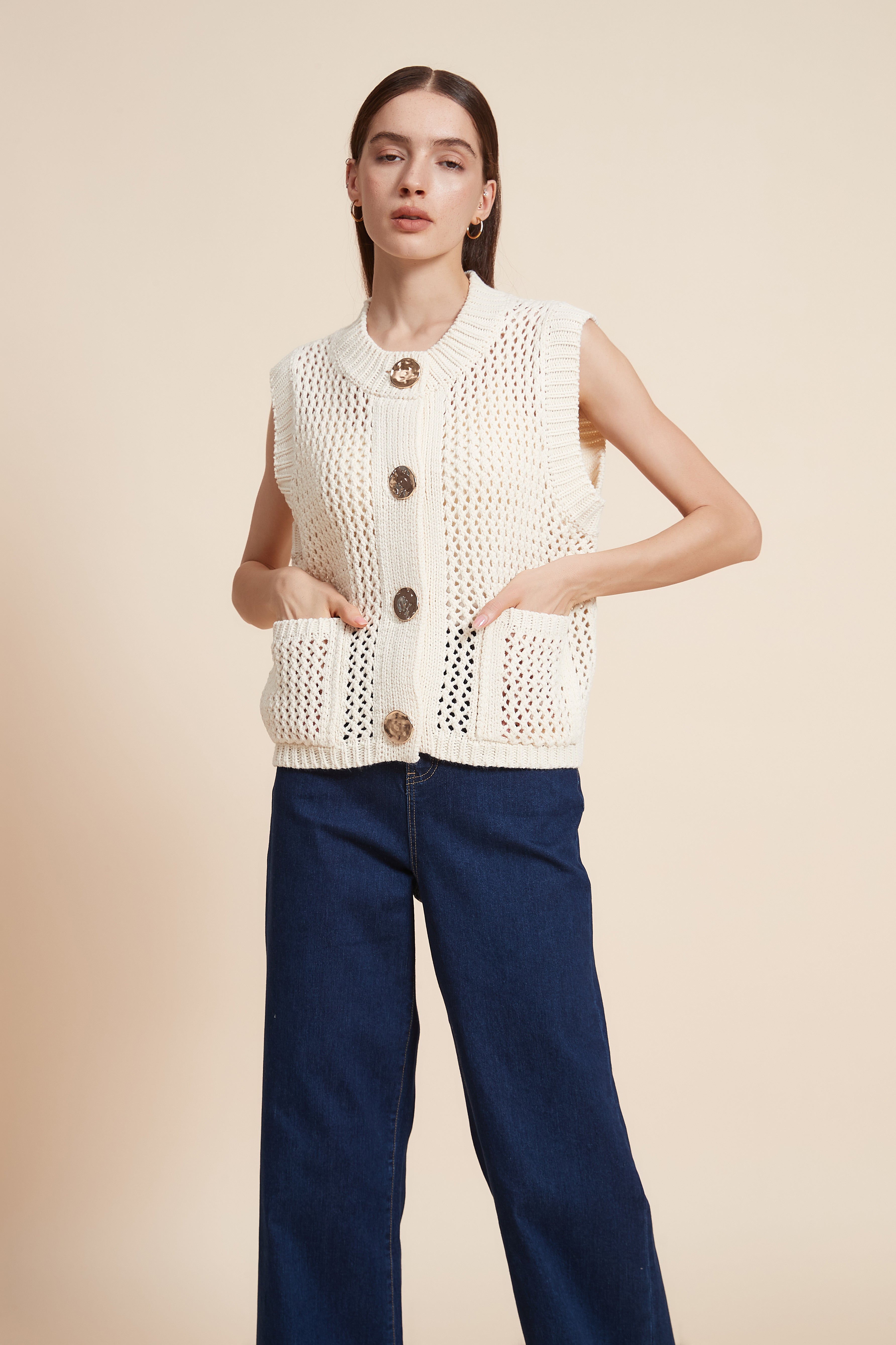 Sleeveless Crochet Sweater With Front Buttons