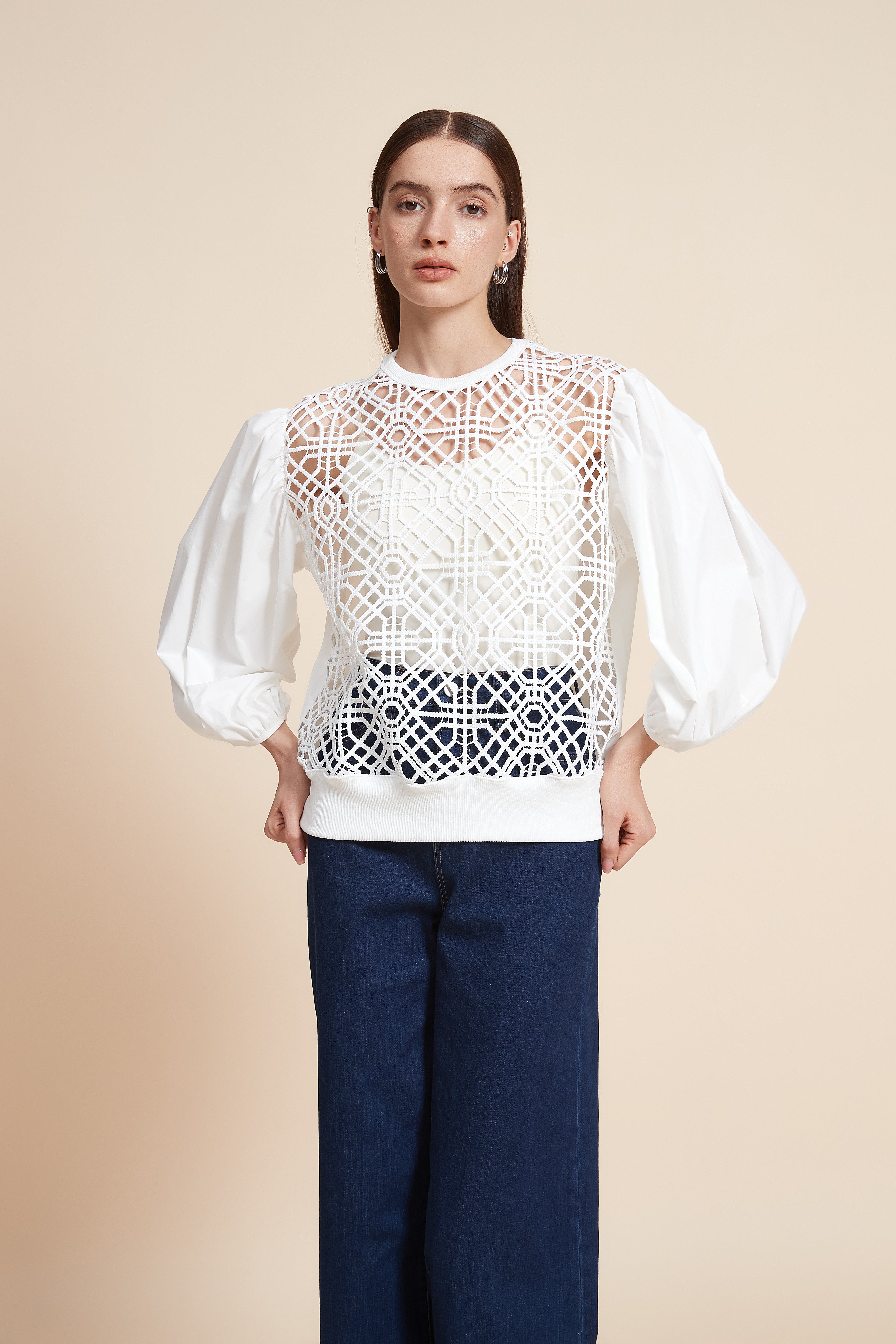 Lace 3/4 Sleeve Blouse with Puff Sleeves