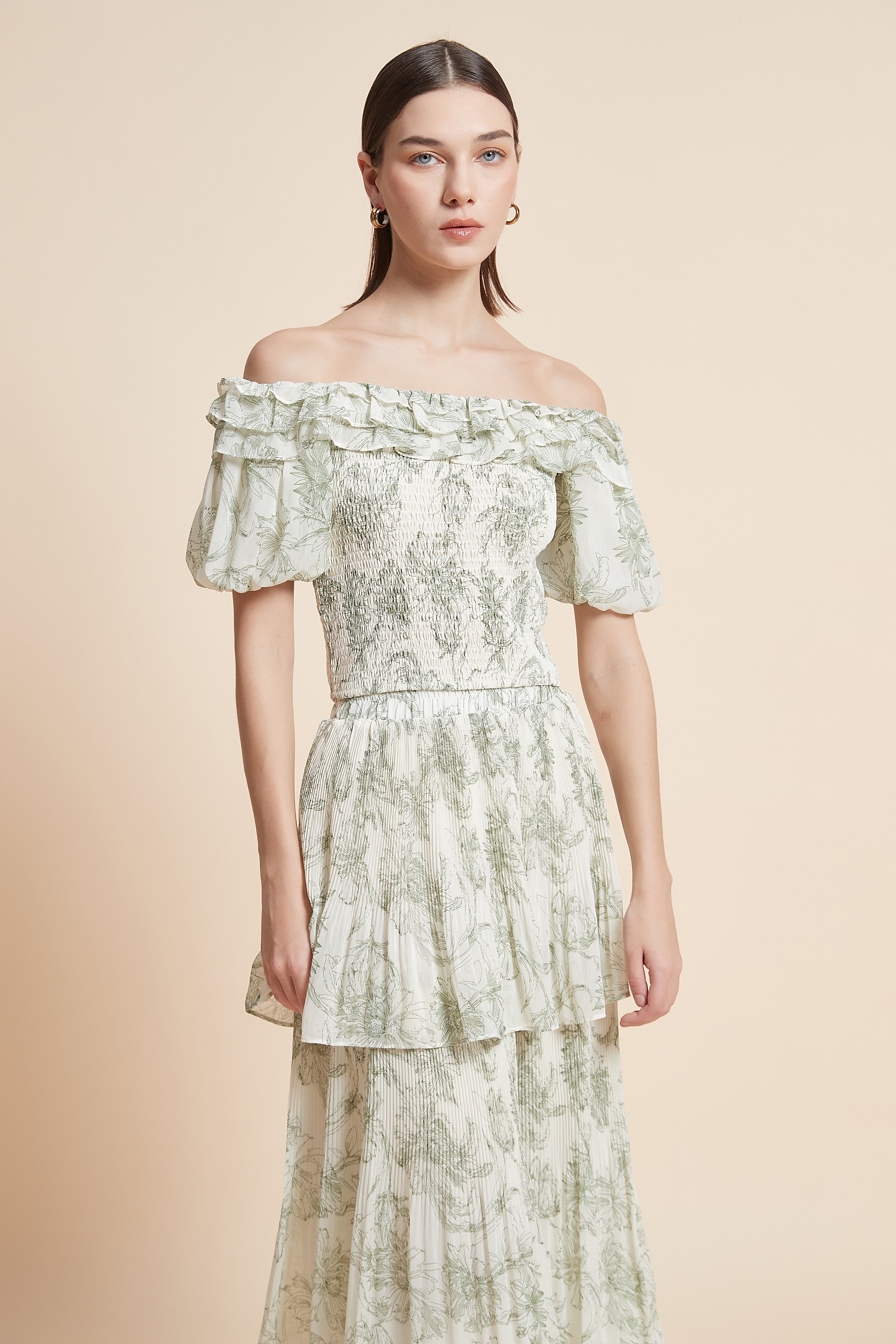 Patterned Off-Shoulder Half-Sleeve Top