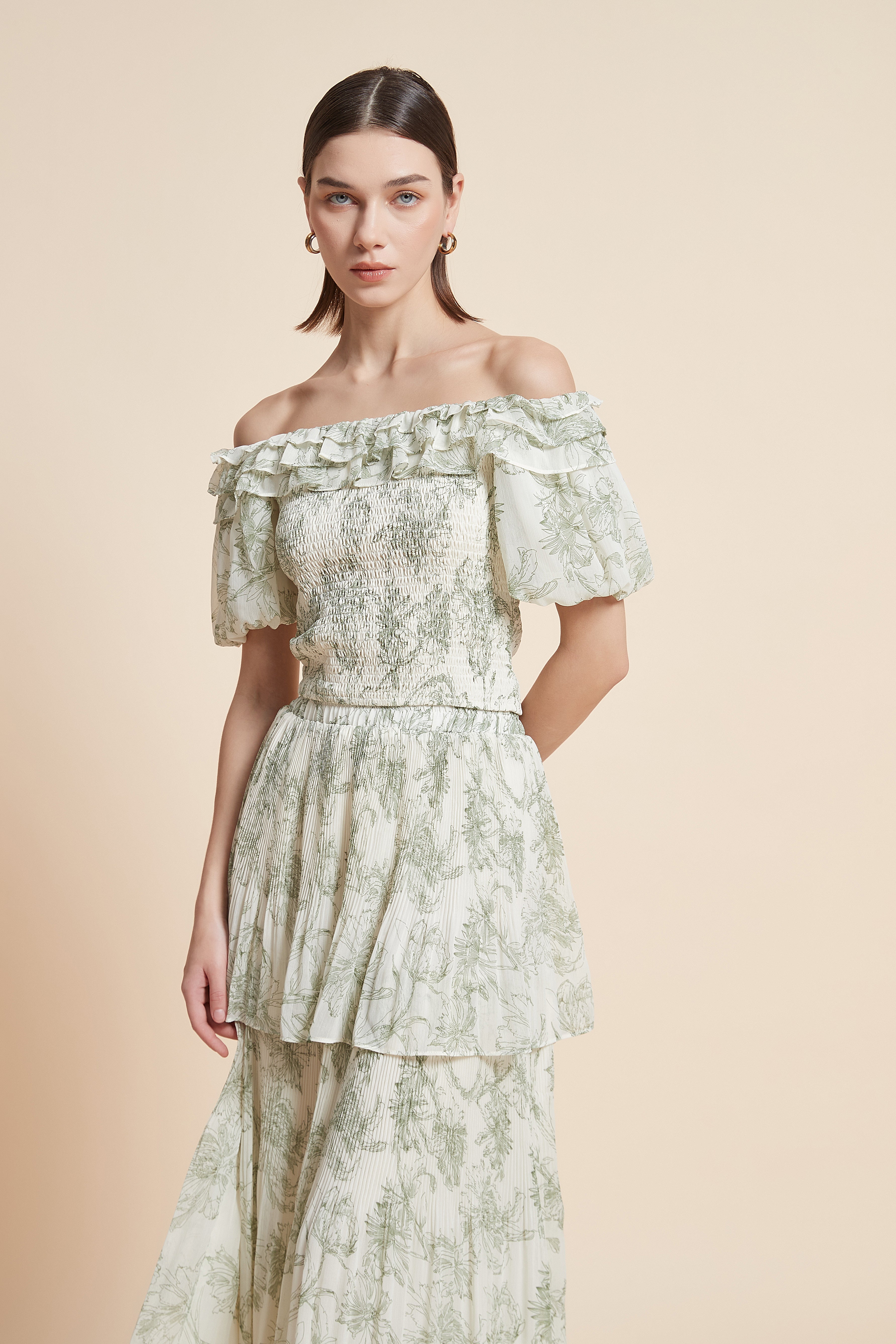 Patterned Off-Shoulder Half-Sleeve Top