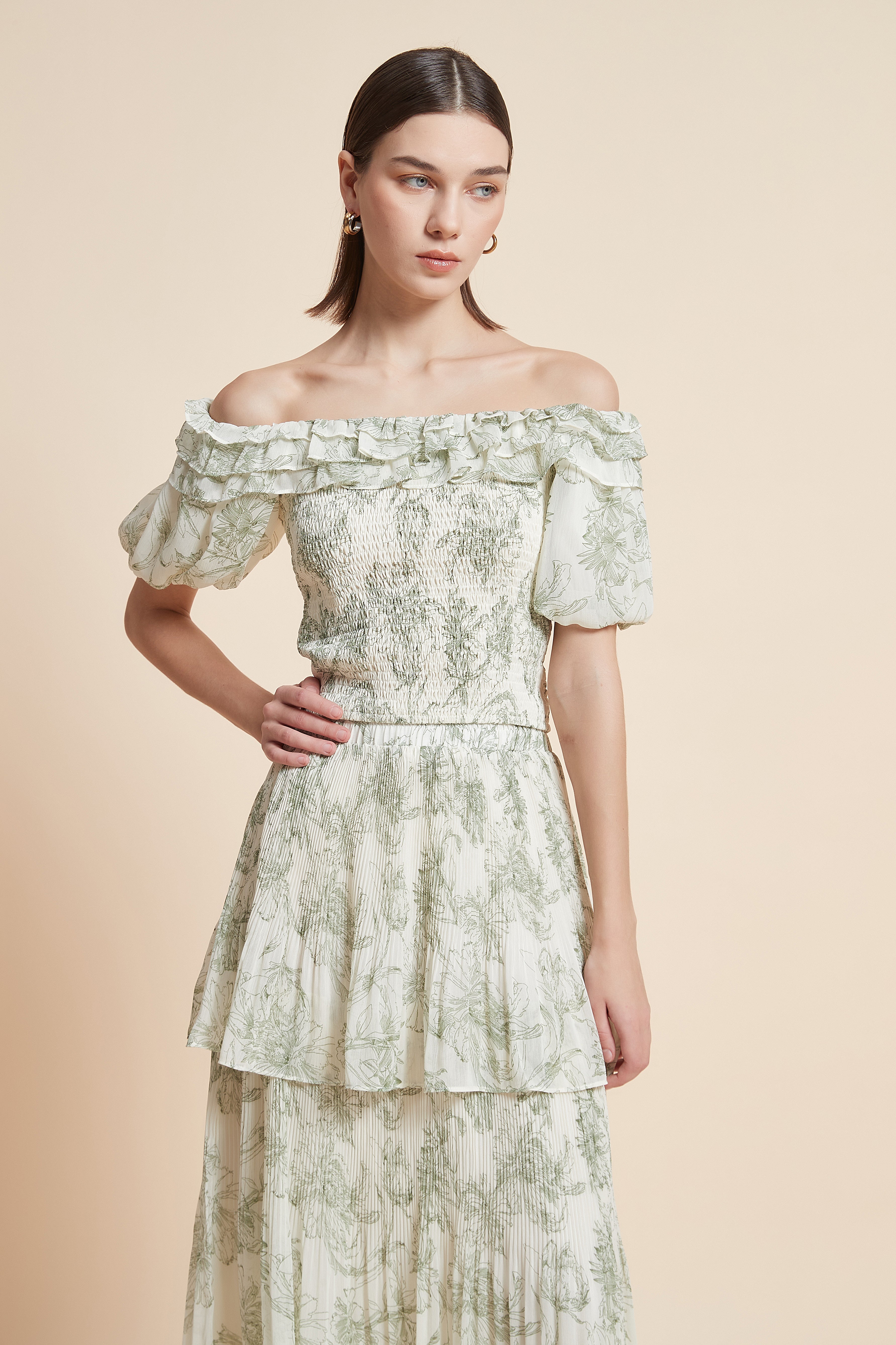 Patterned Off-Shoulder Half-Sleeve Top