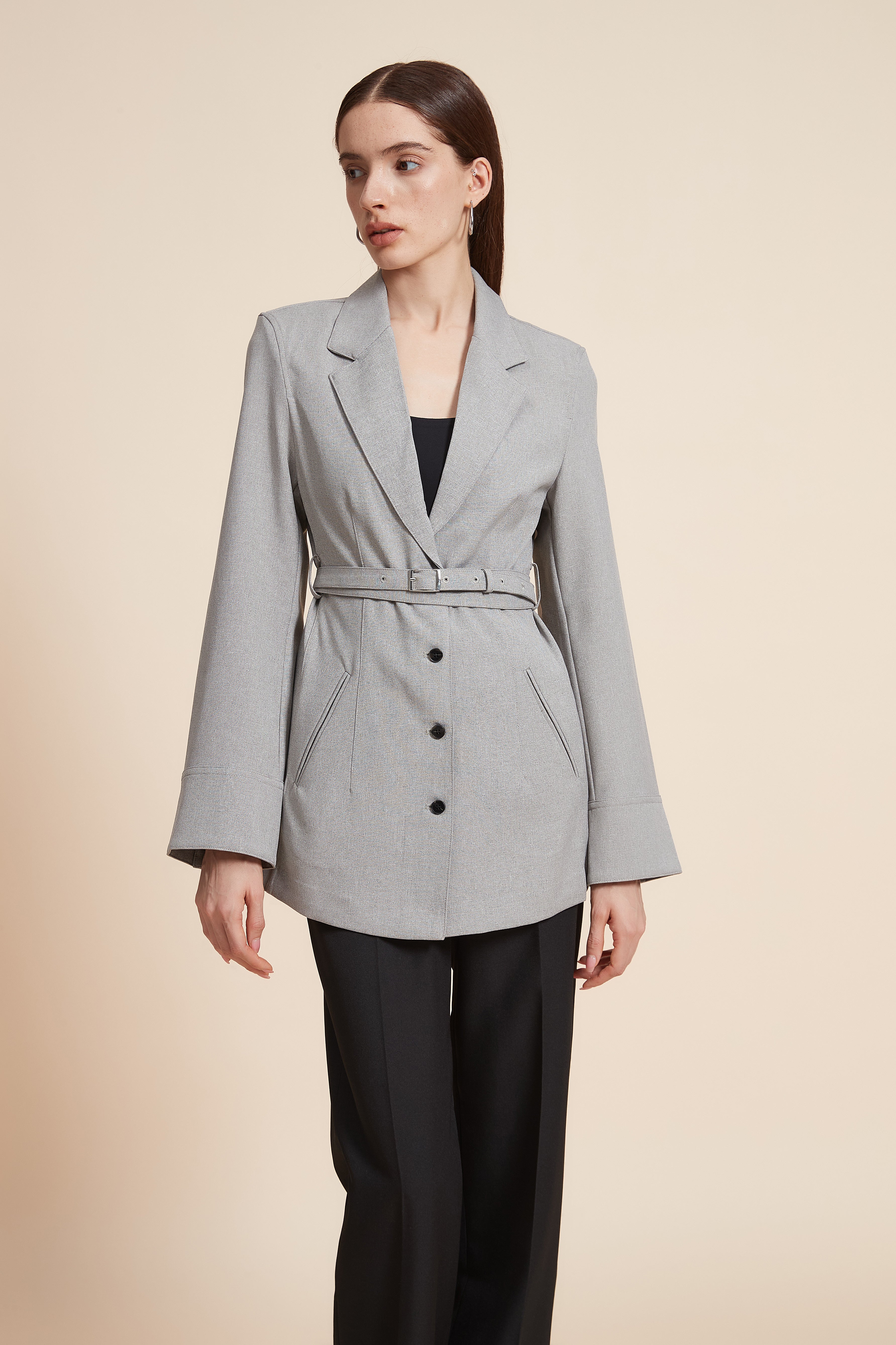 Plain Blazer with Waist Belt