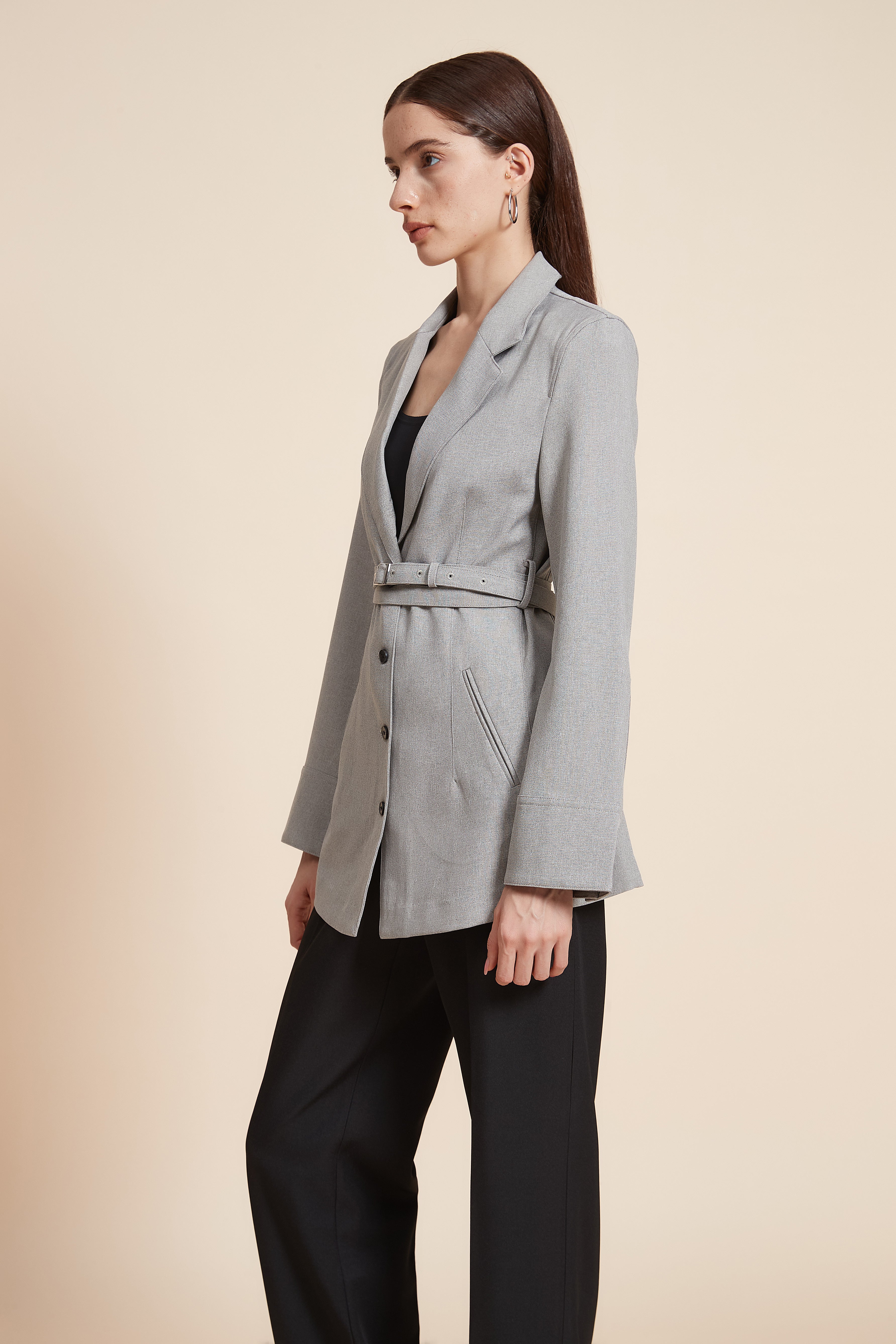Plain Blazer with Waist Belt