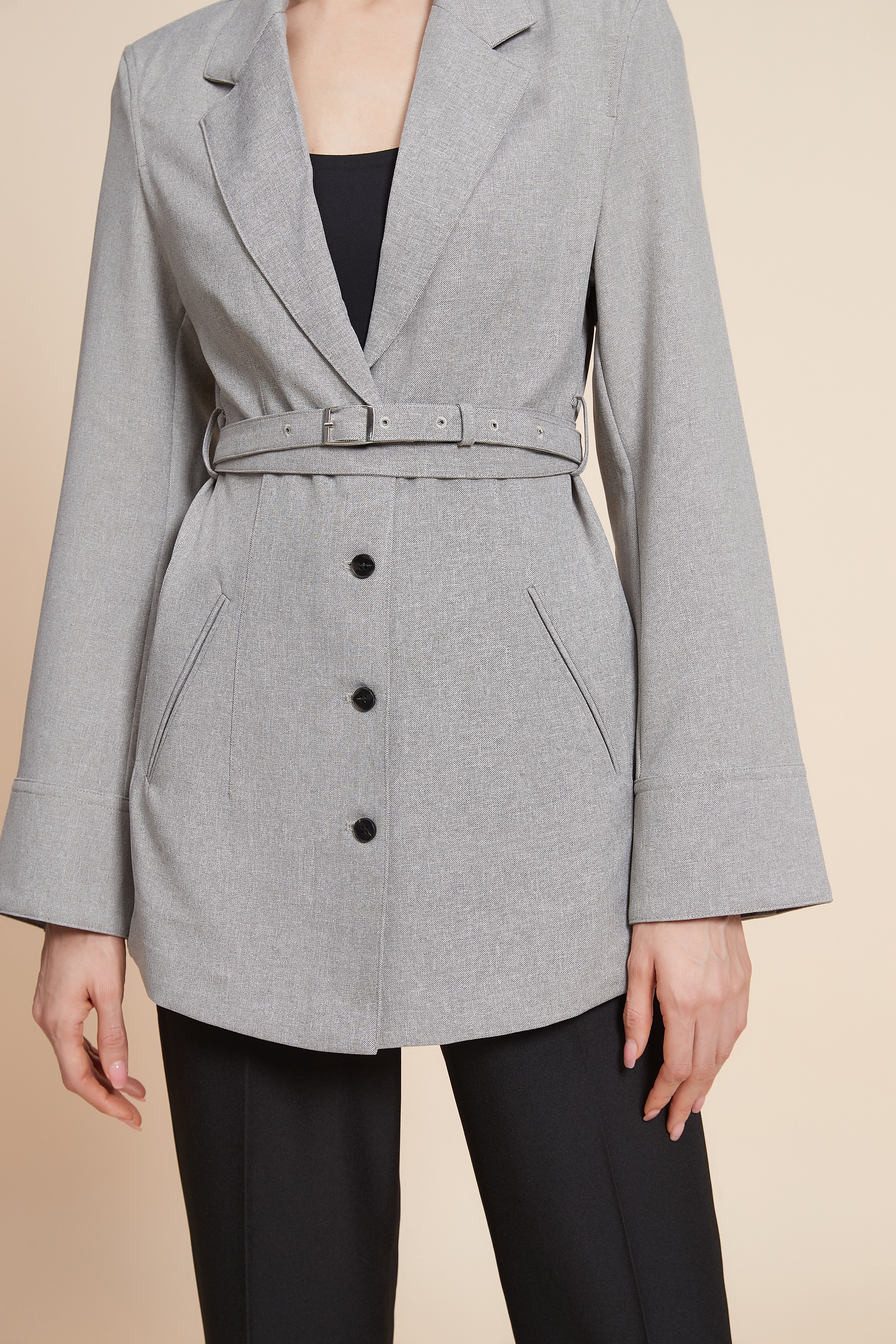 Plain Blazer with Waist Belt