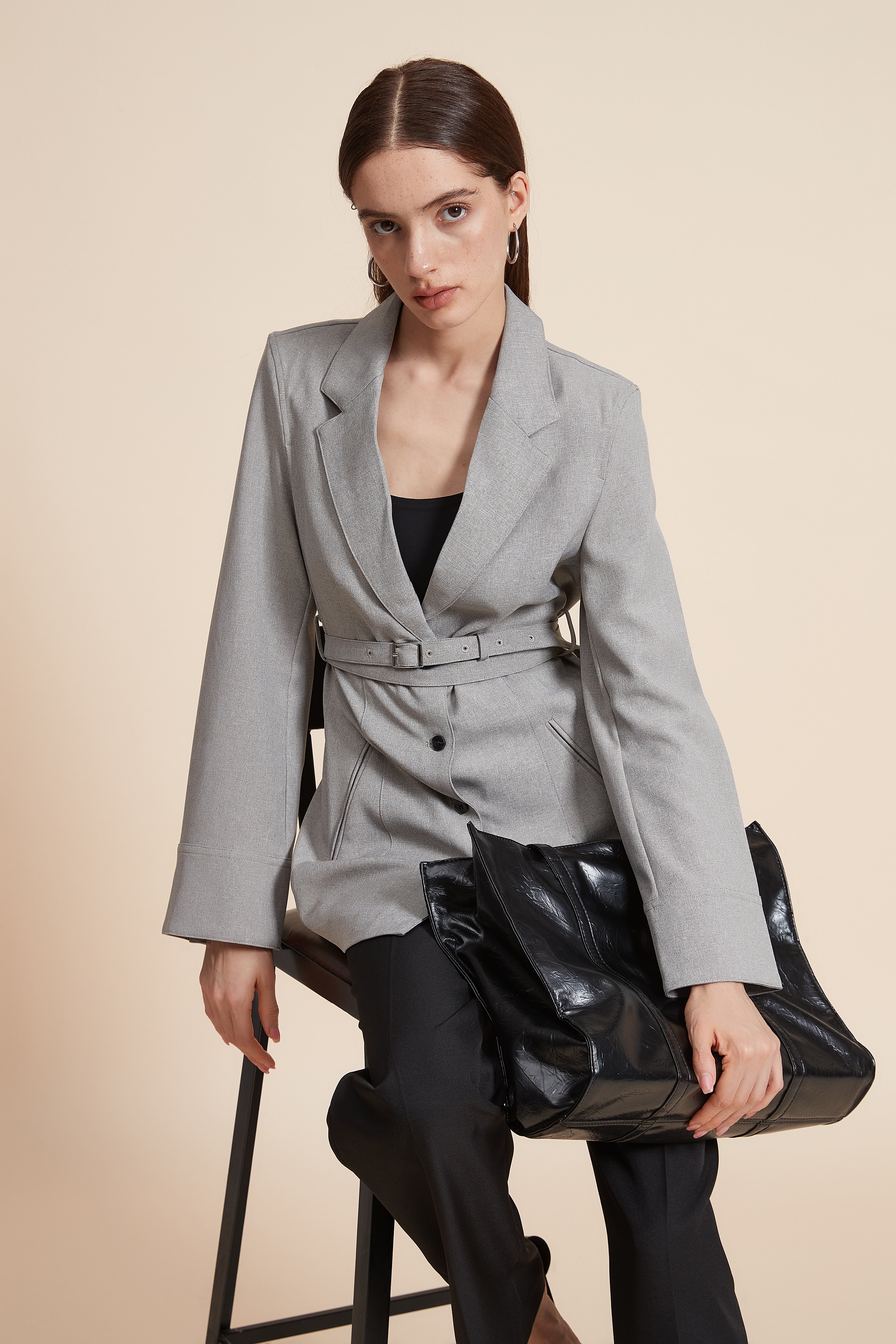 Plain Blazer with Waist Belt