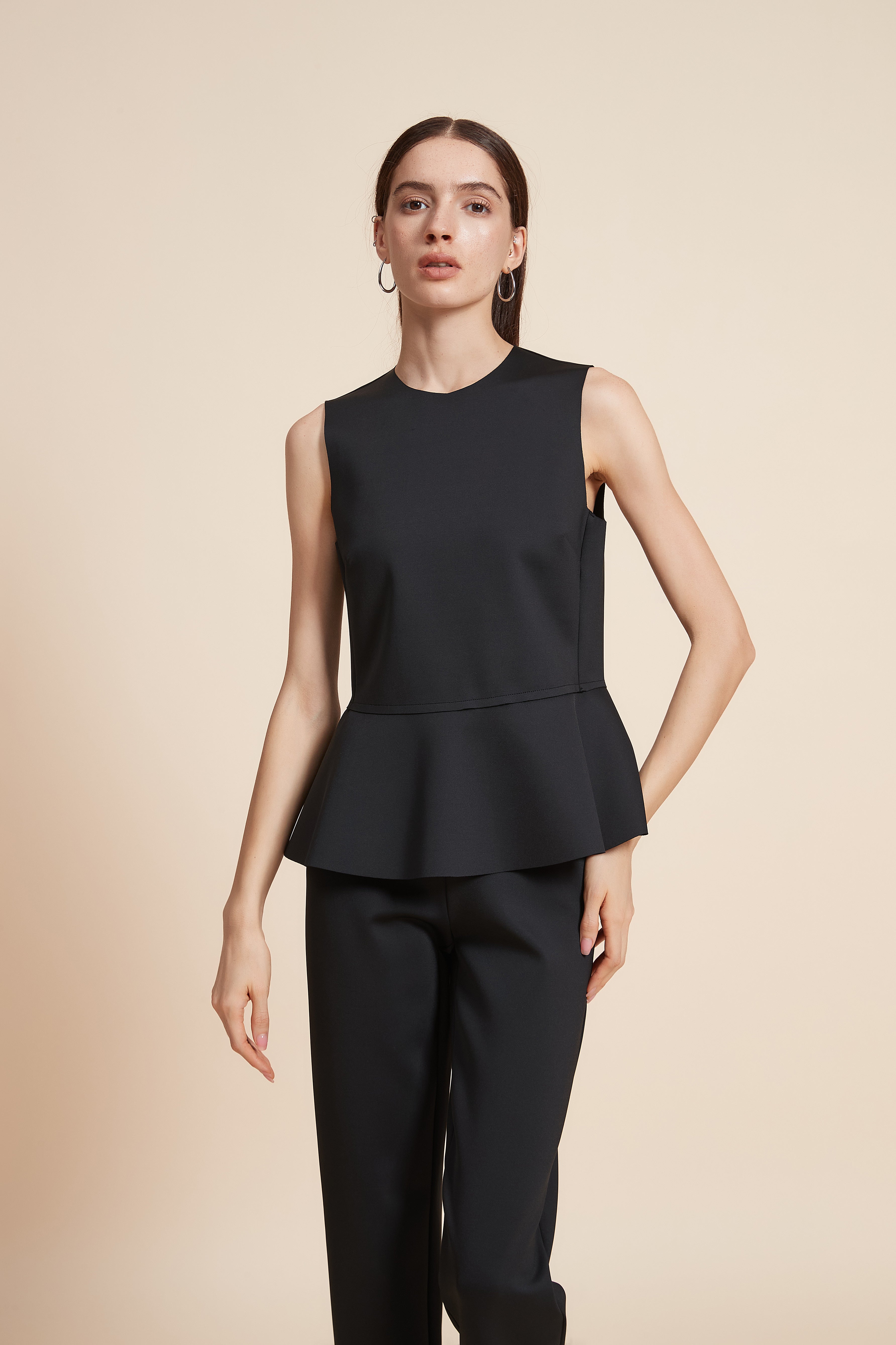 Plain Sleeveless Blouse With Ruffled Hem