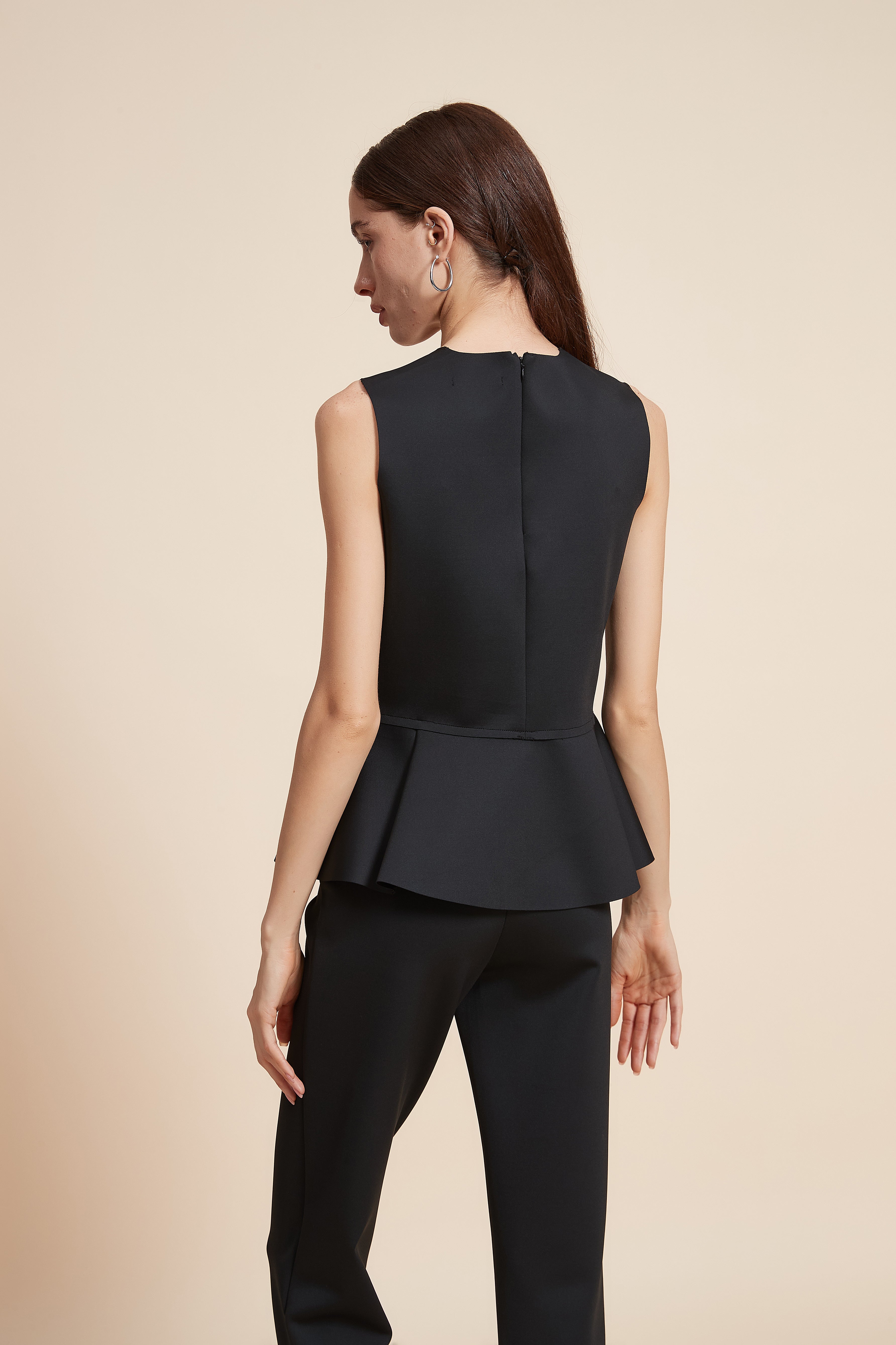 Plain Sleeveless Blouse With Ruffled Hem