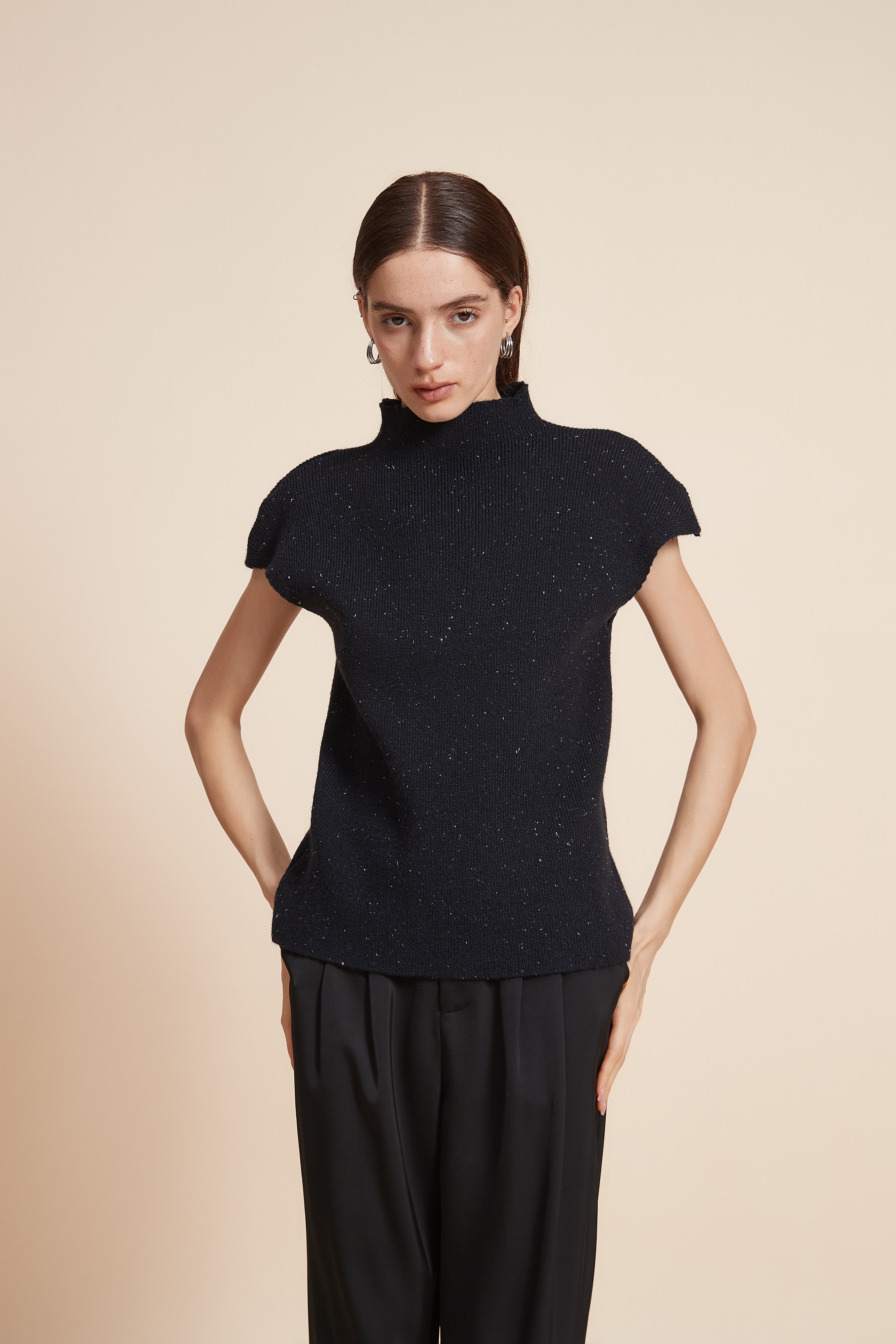 Plain High Neck Short Sleeve Sweater