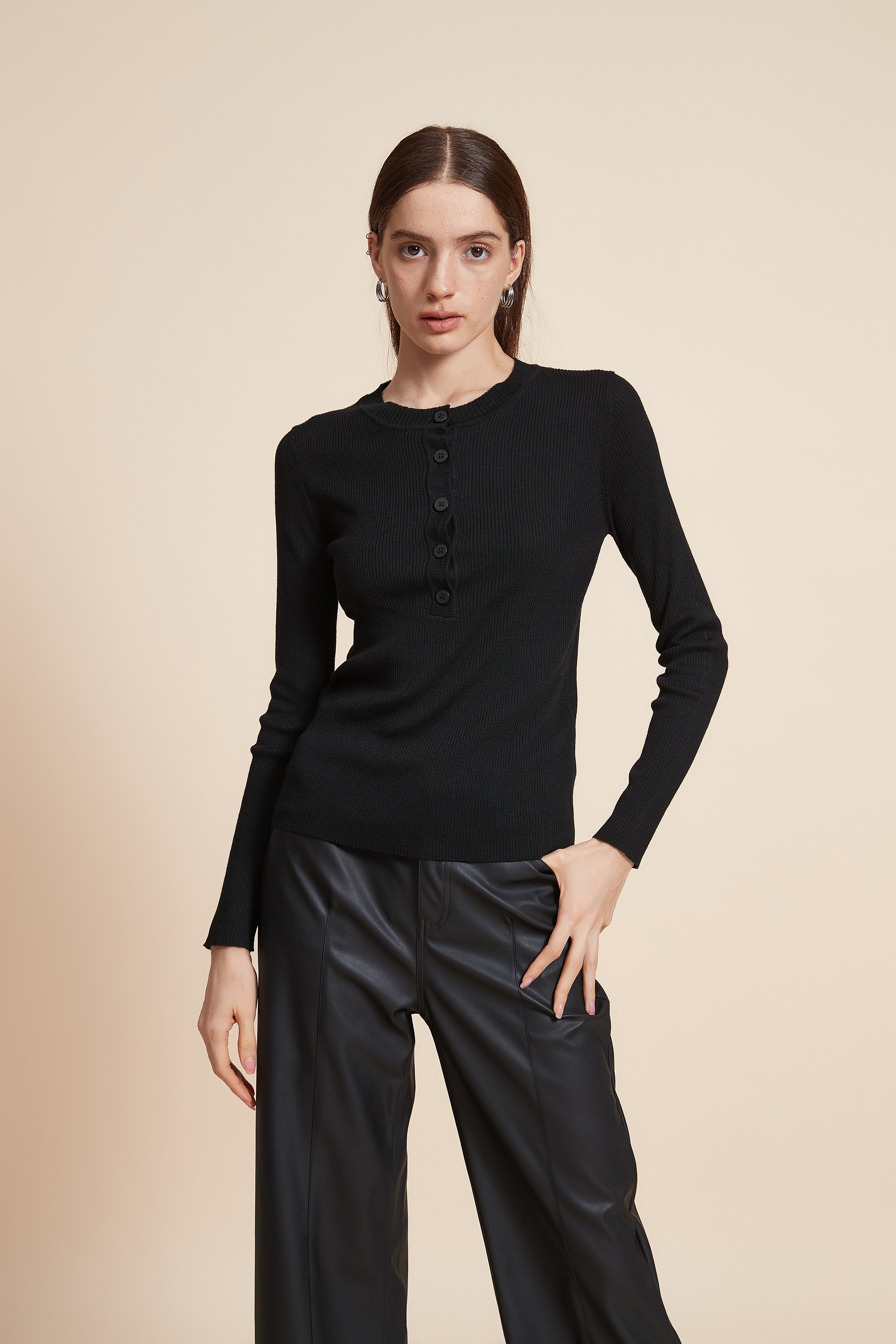 Plain Long Sleeve Blouse with Front Buttons