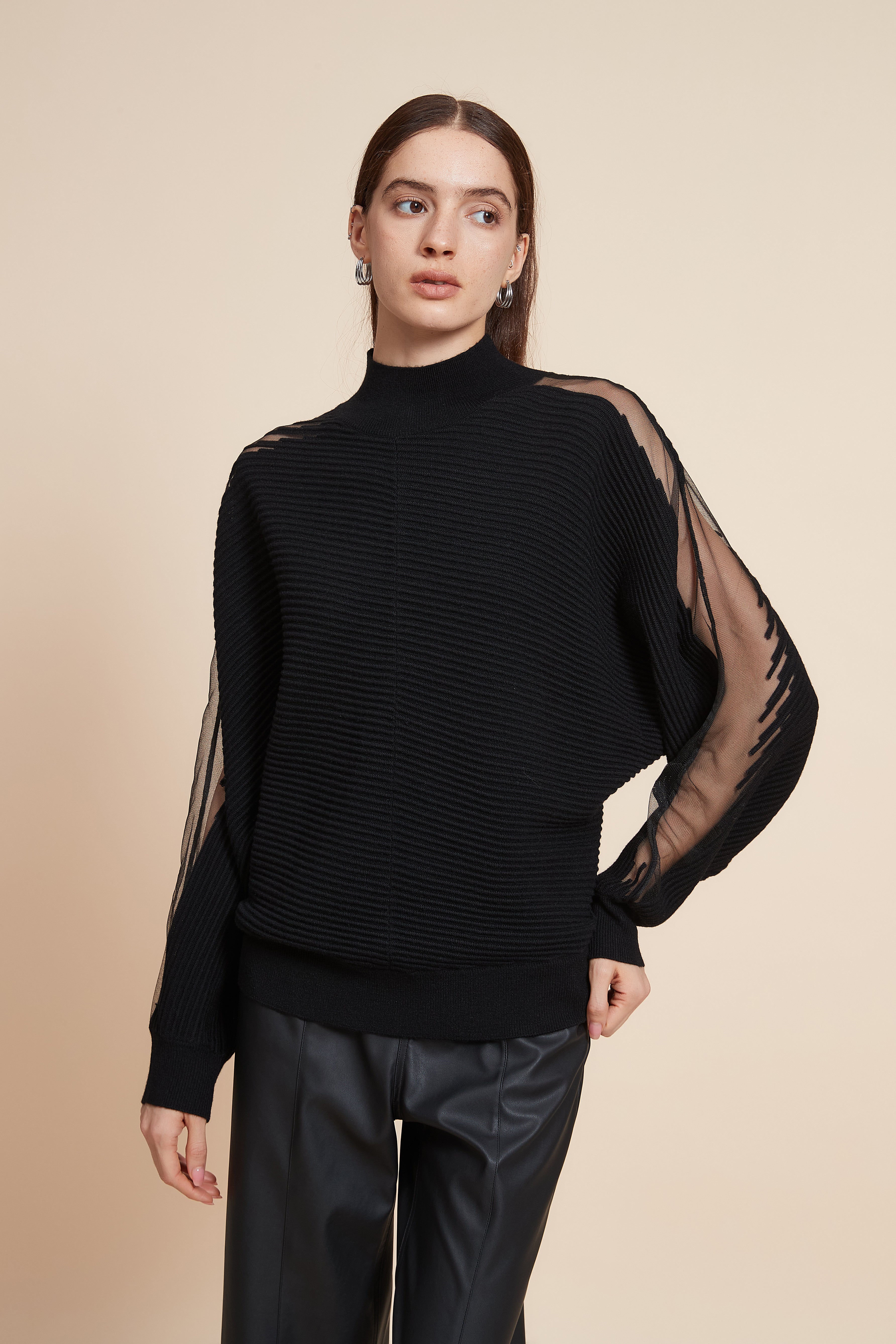 Plain Sweater With Long Sheer Sleeves
