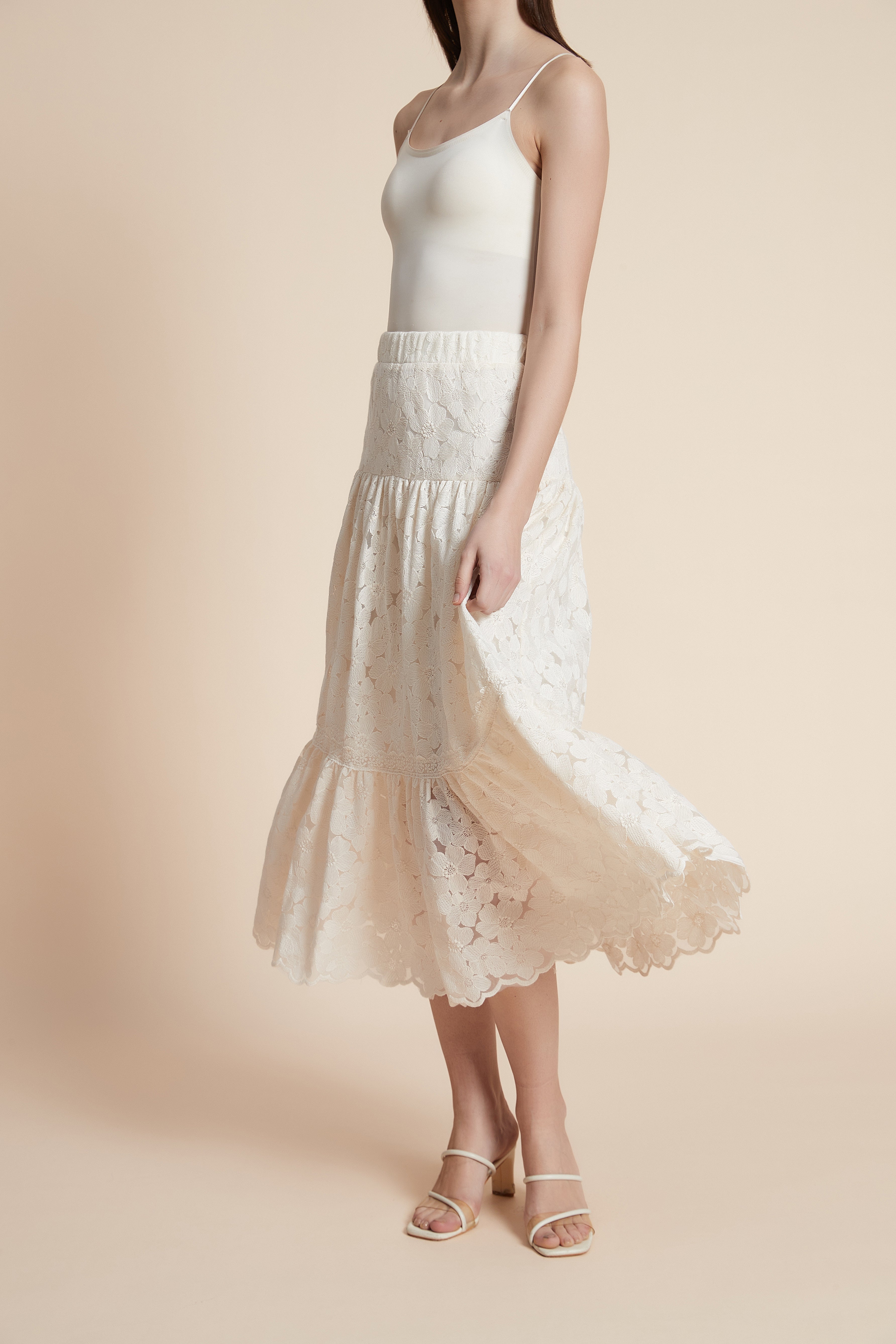 Wide-leg lace midi skirt