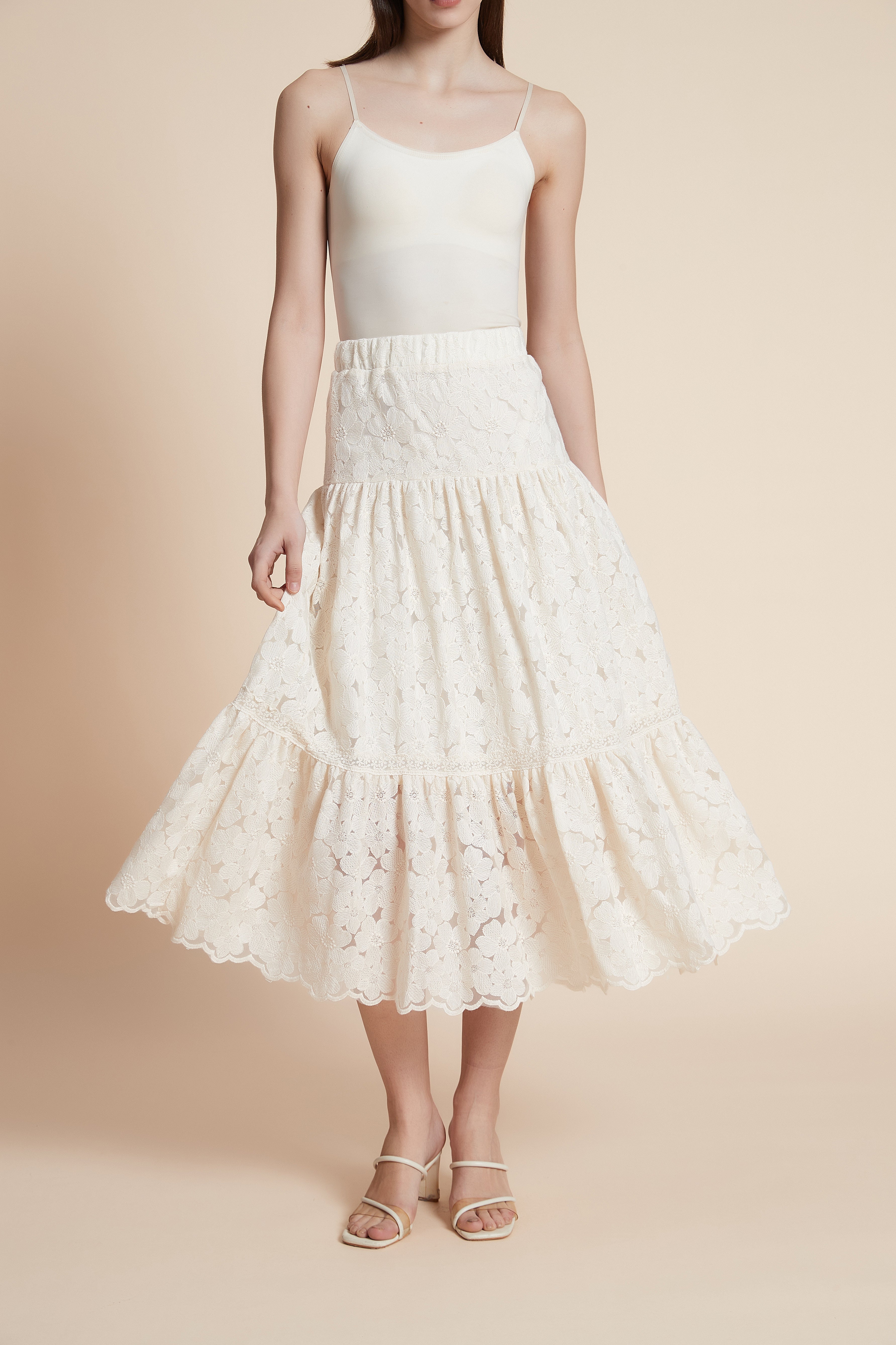 Wide-leg lace midi skirt