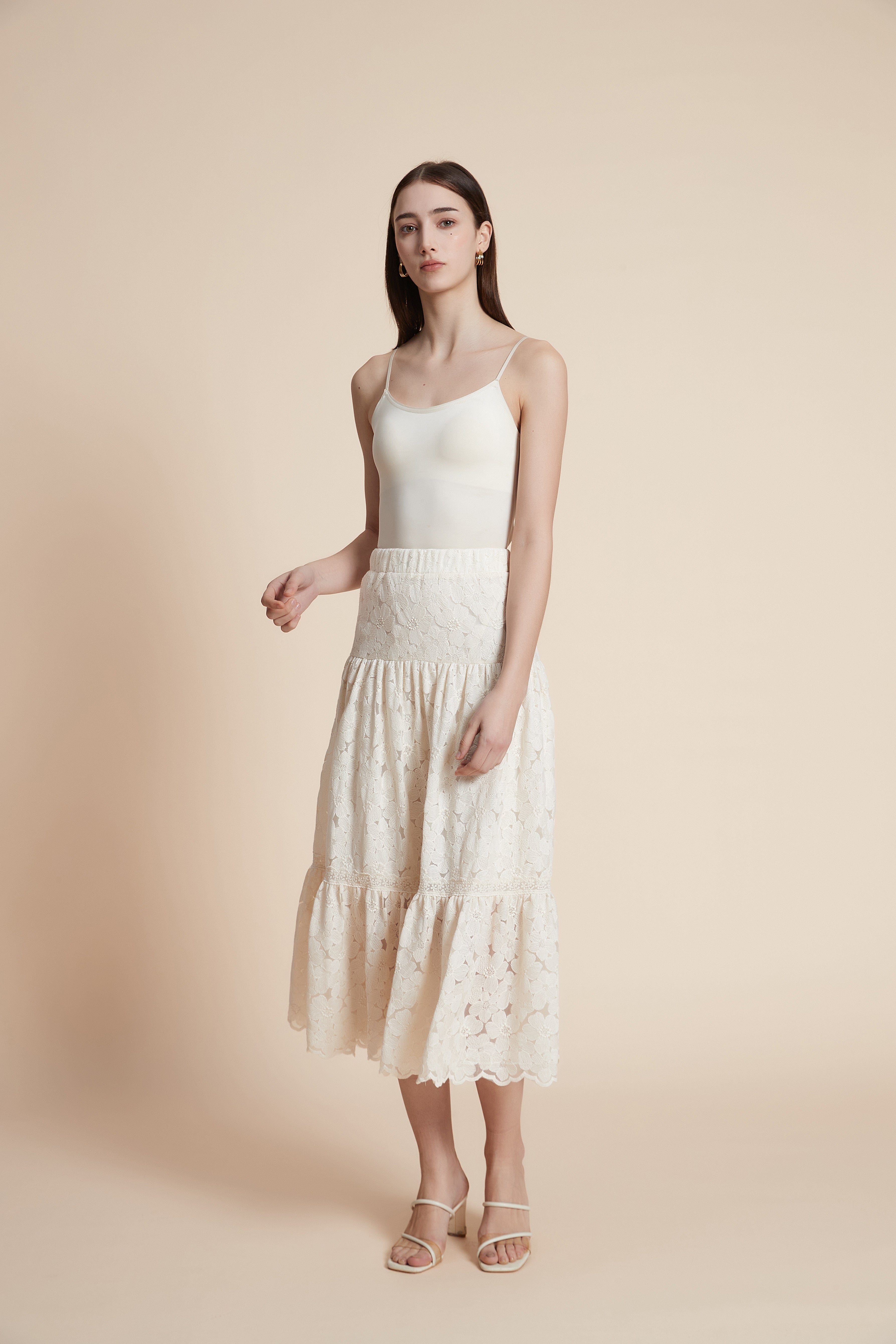 Wide-leg lace midi skirt