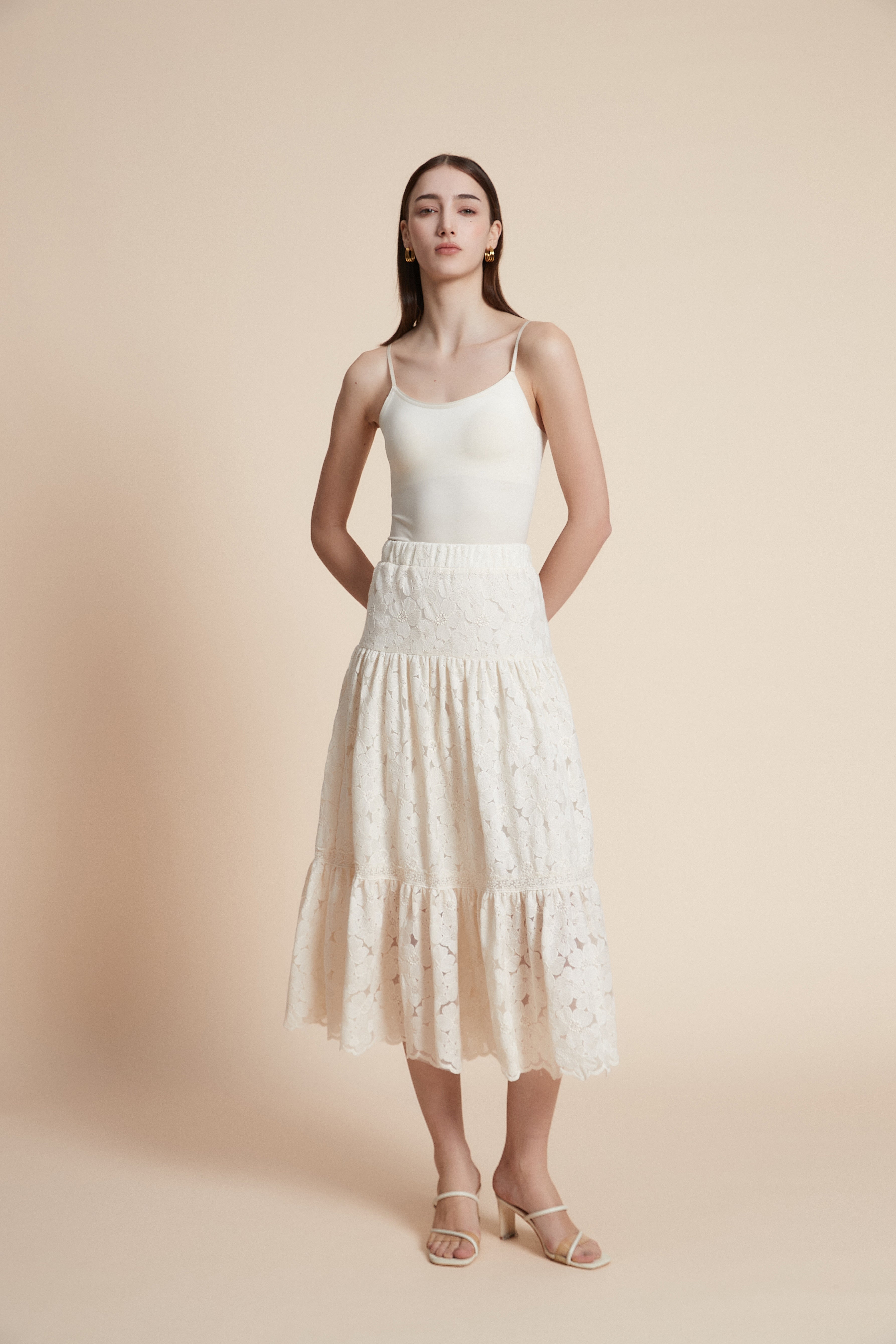 Wide-leg lace midi skirt