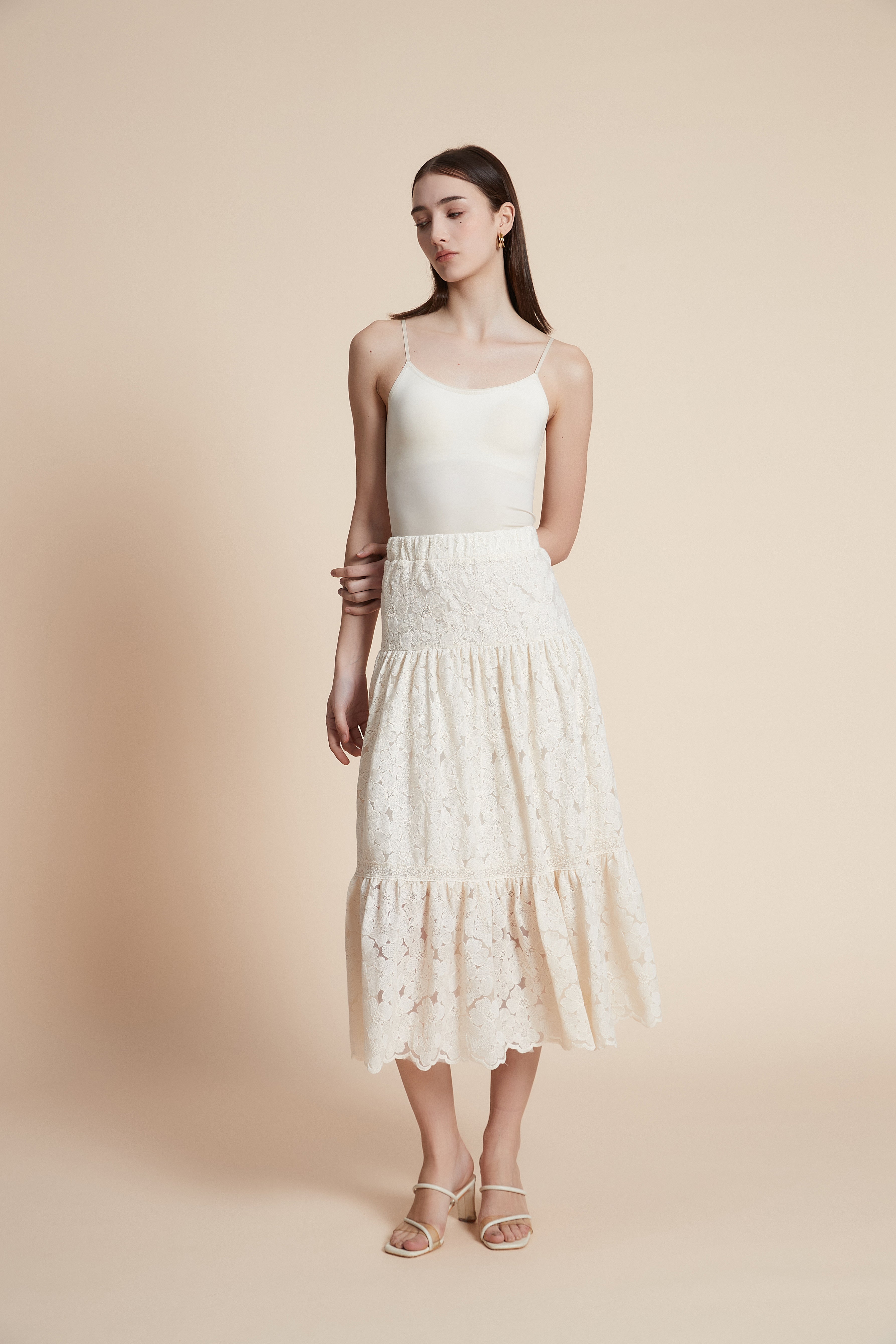 Wide-leg lace midi skirt