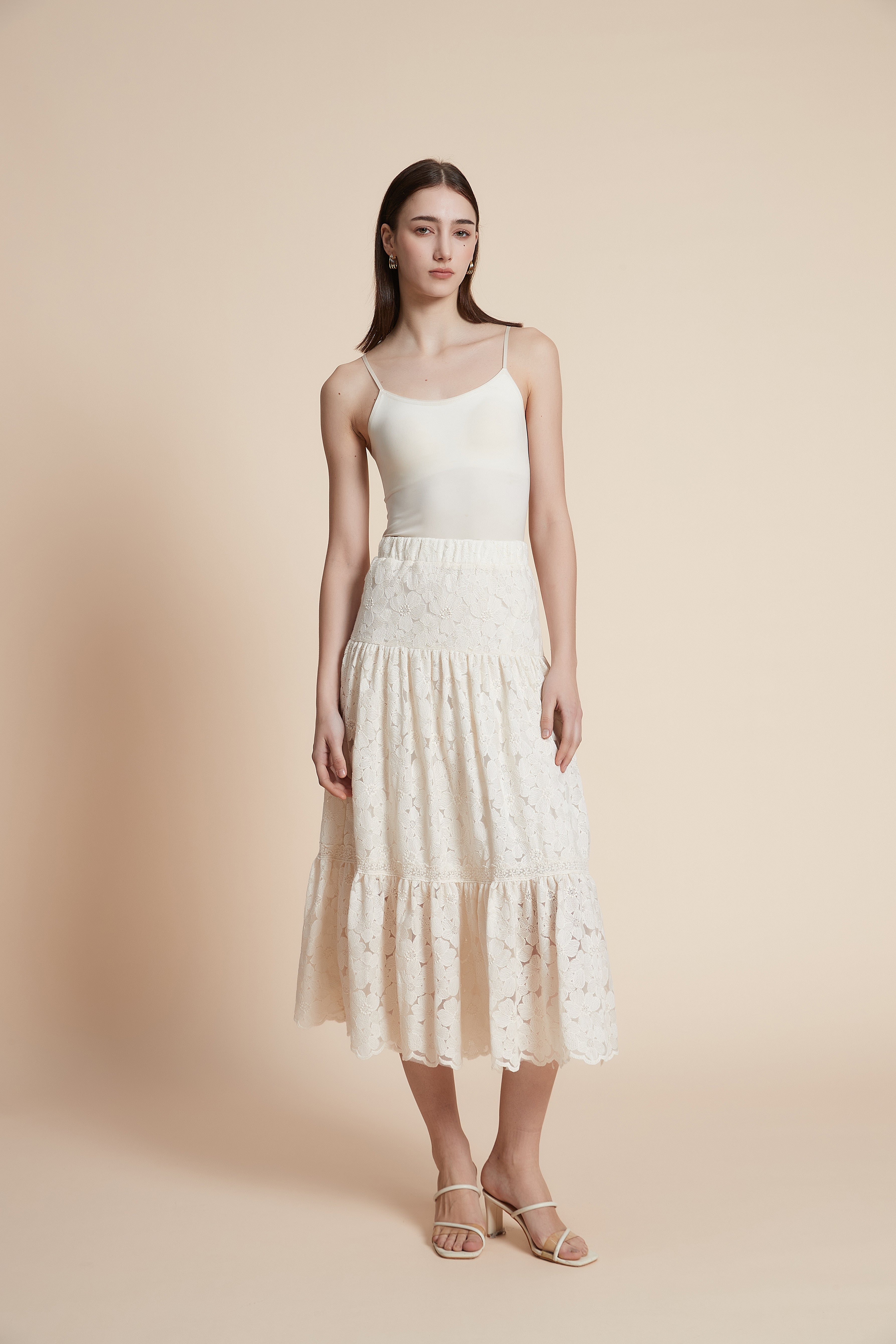 Wide-leg lace midi skirt