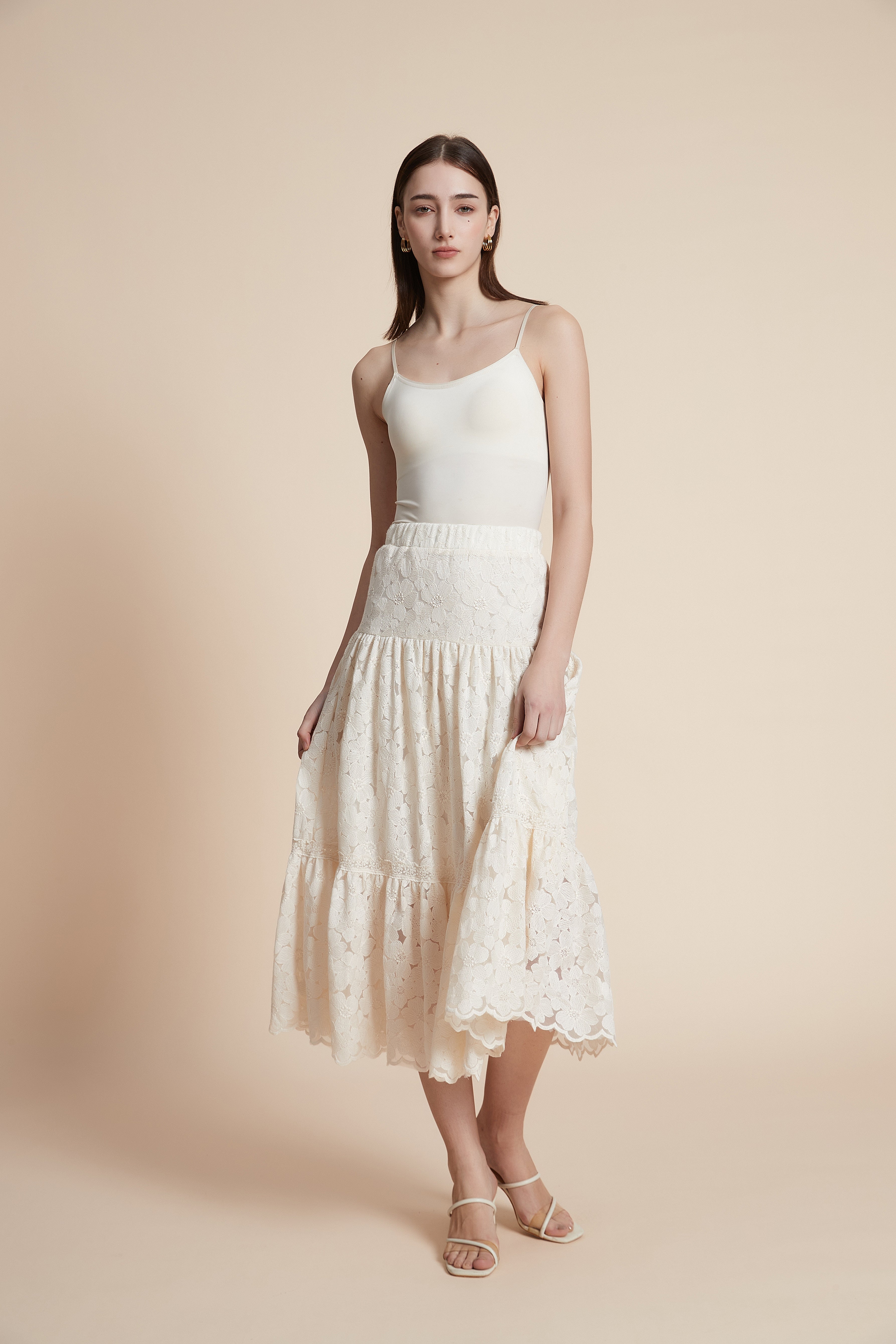 Wide-leg lace midi skirt