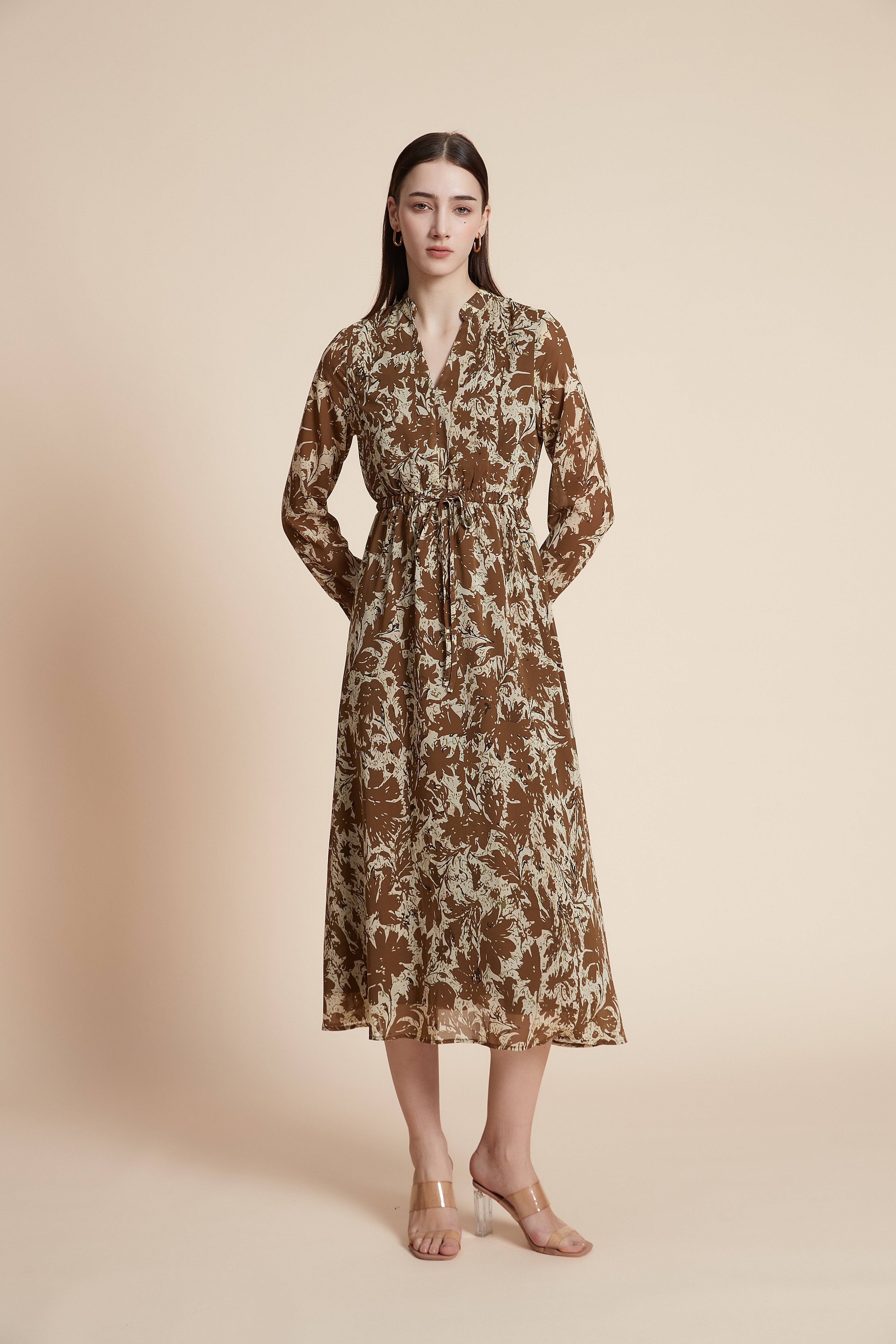 Printed long-sleeve midi dress