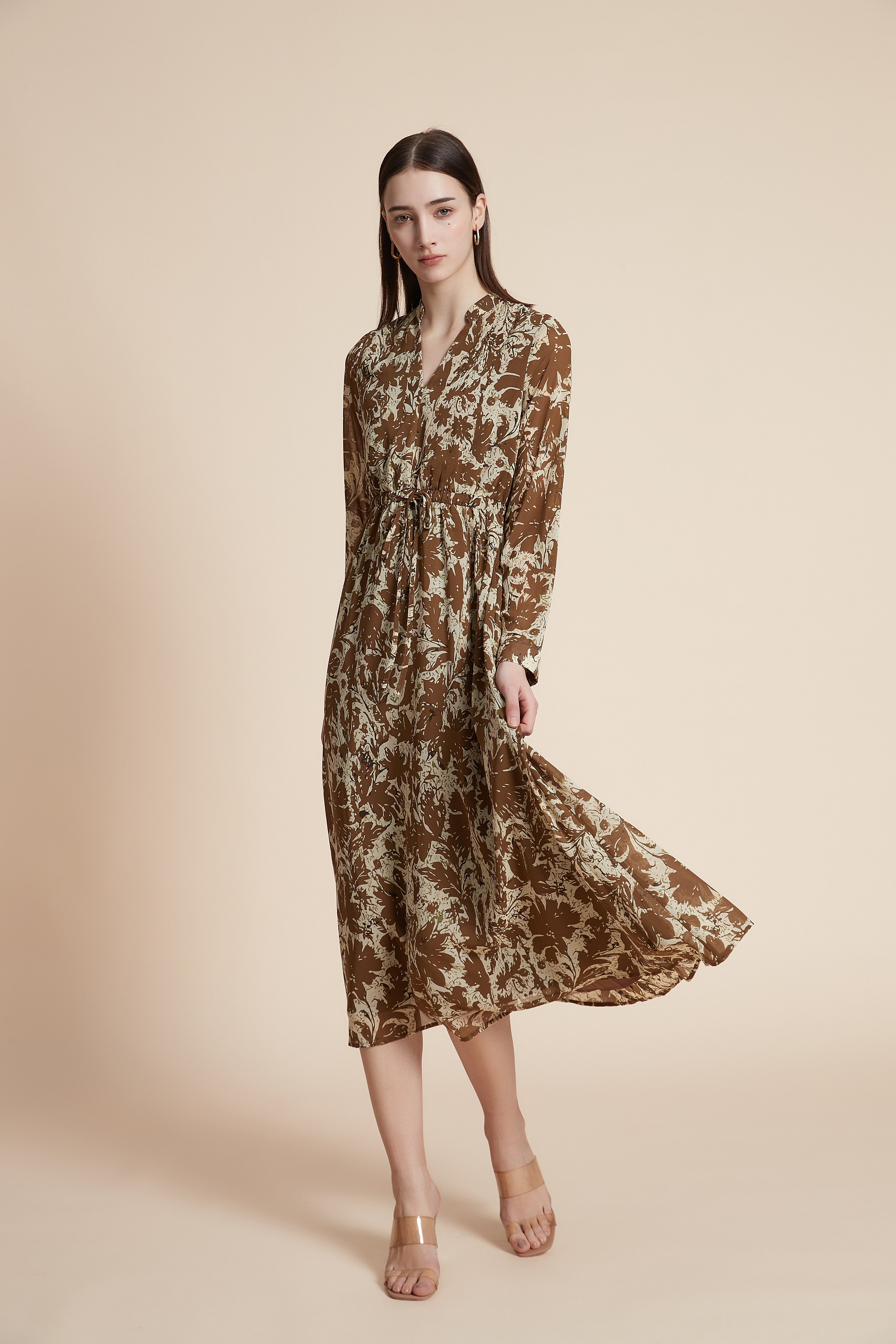Printed long-sleeve midi dress