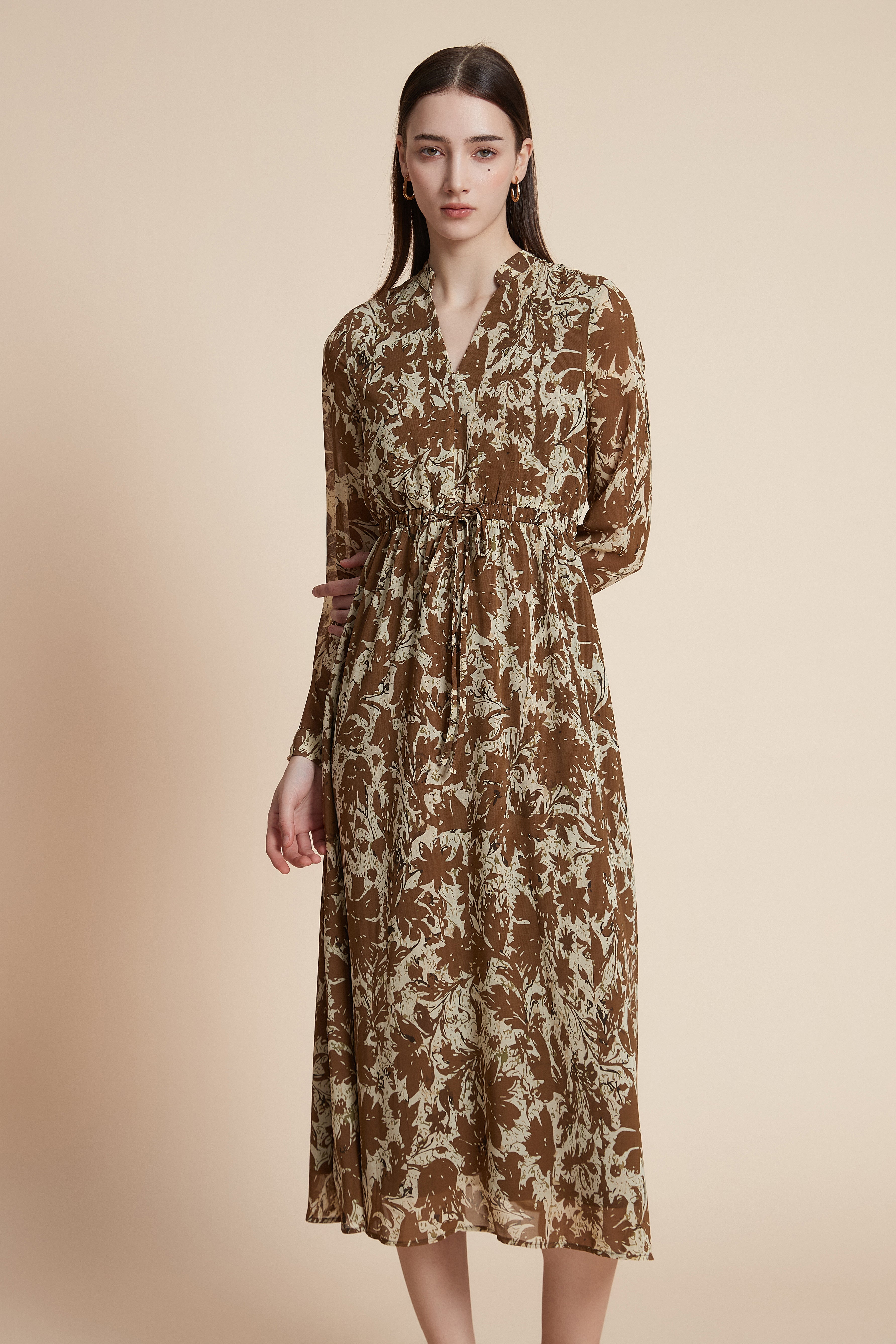Printed long-sleeve midi dress