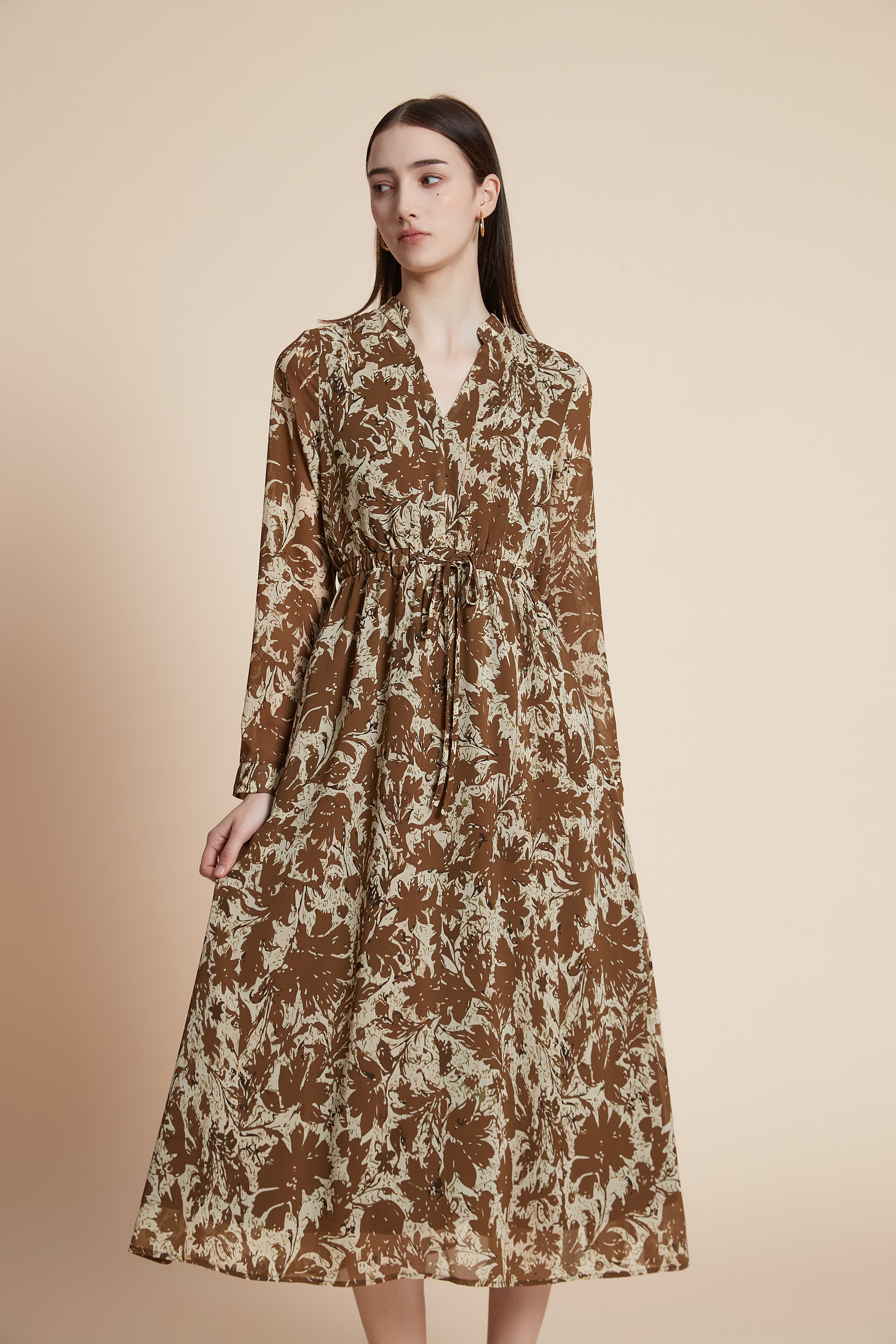 Printed long-sleeve midi dress