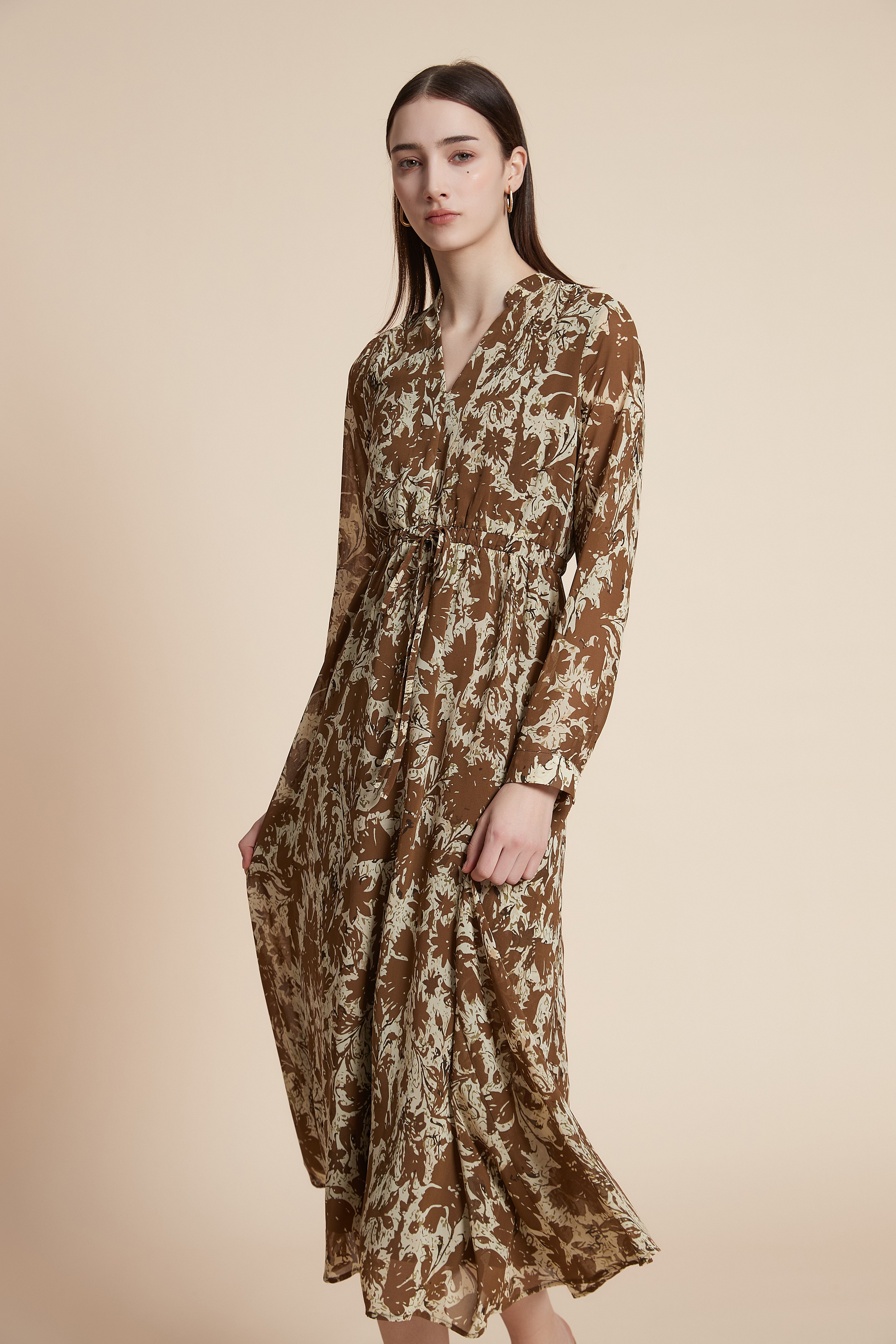 Printed long-sleeve midi dress