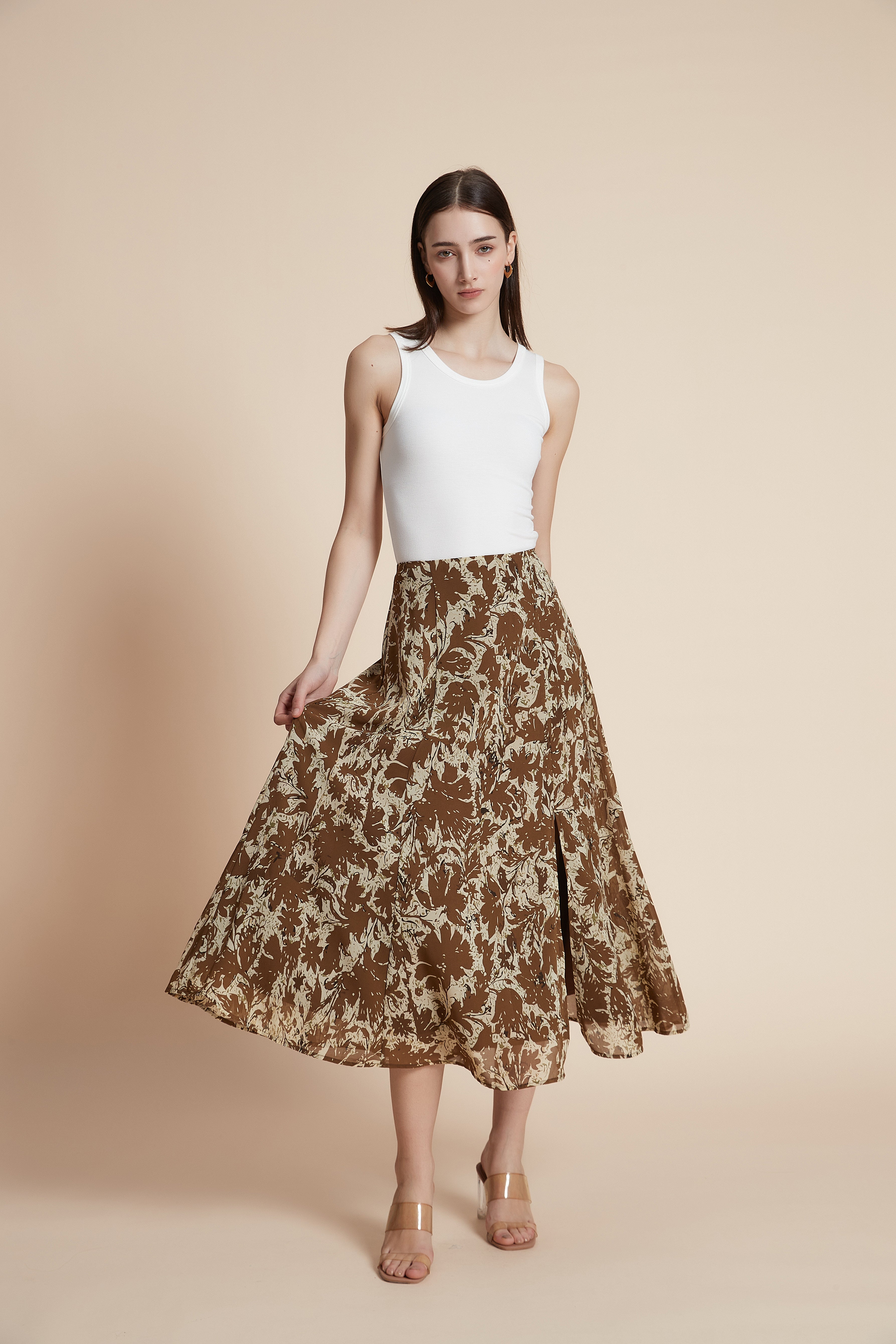 Floral wide-leg midi skirt