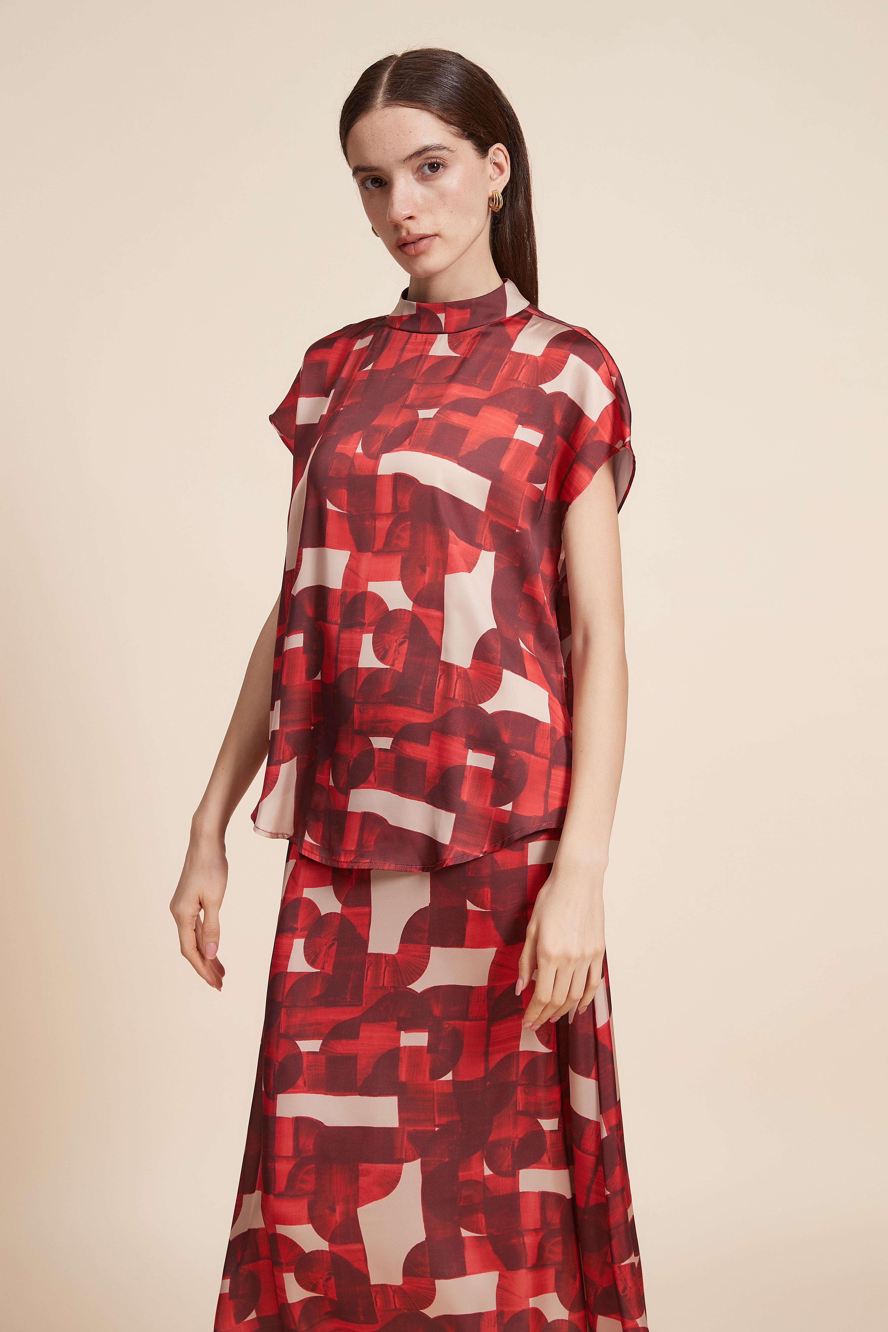 Printed Short Sleeve Blouse with High Neck