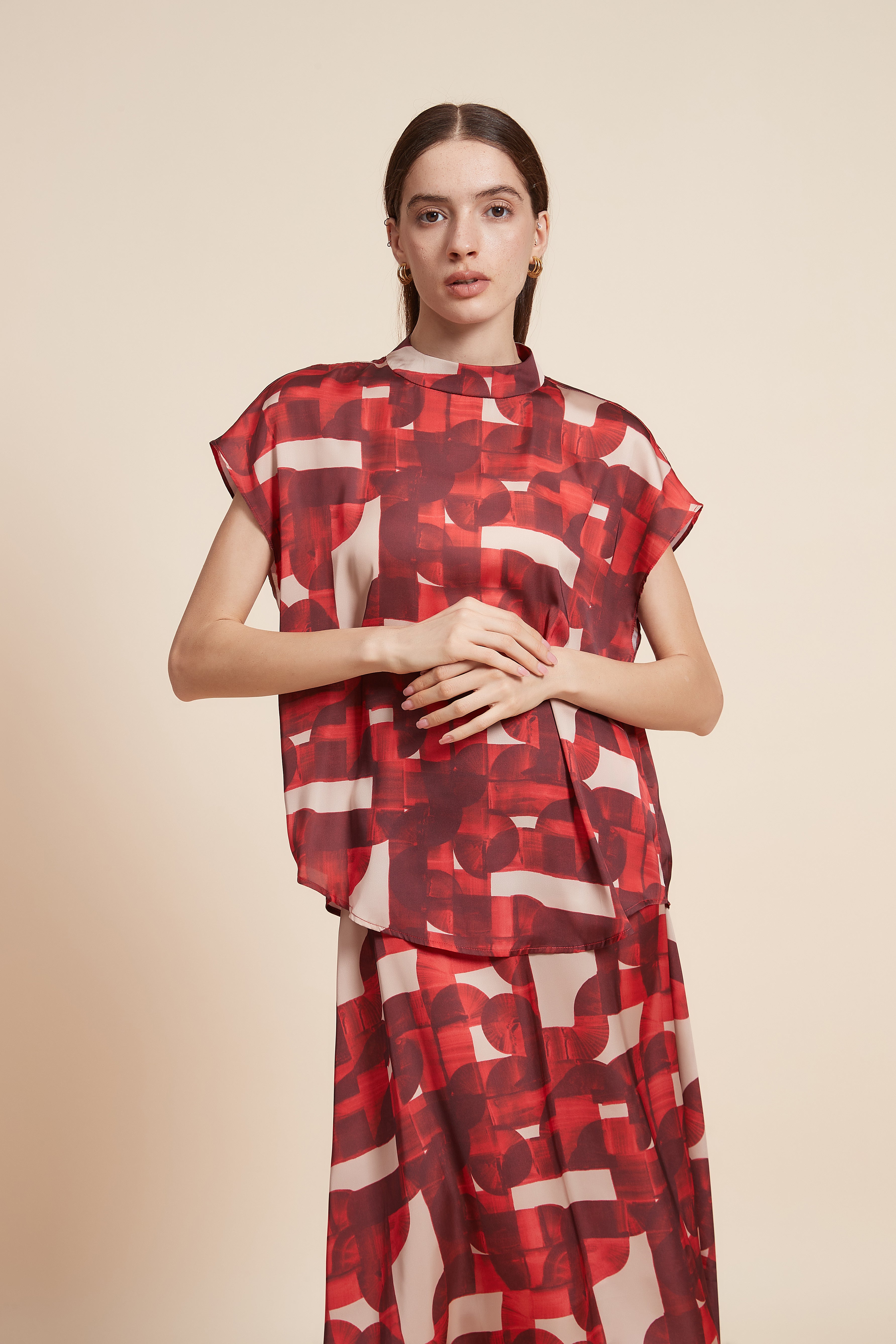 Printed Short Sleeve Blouse with High Neck