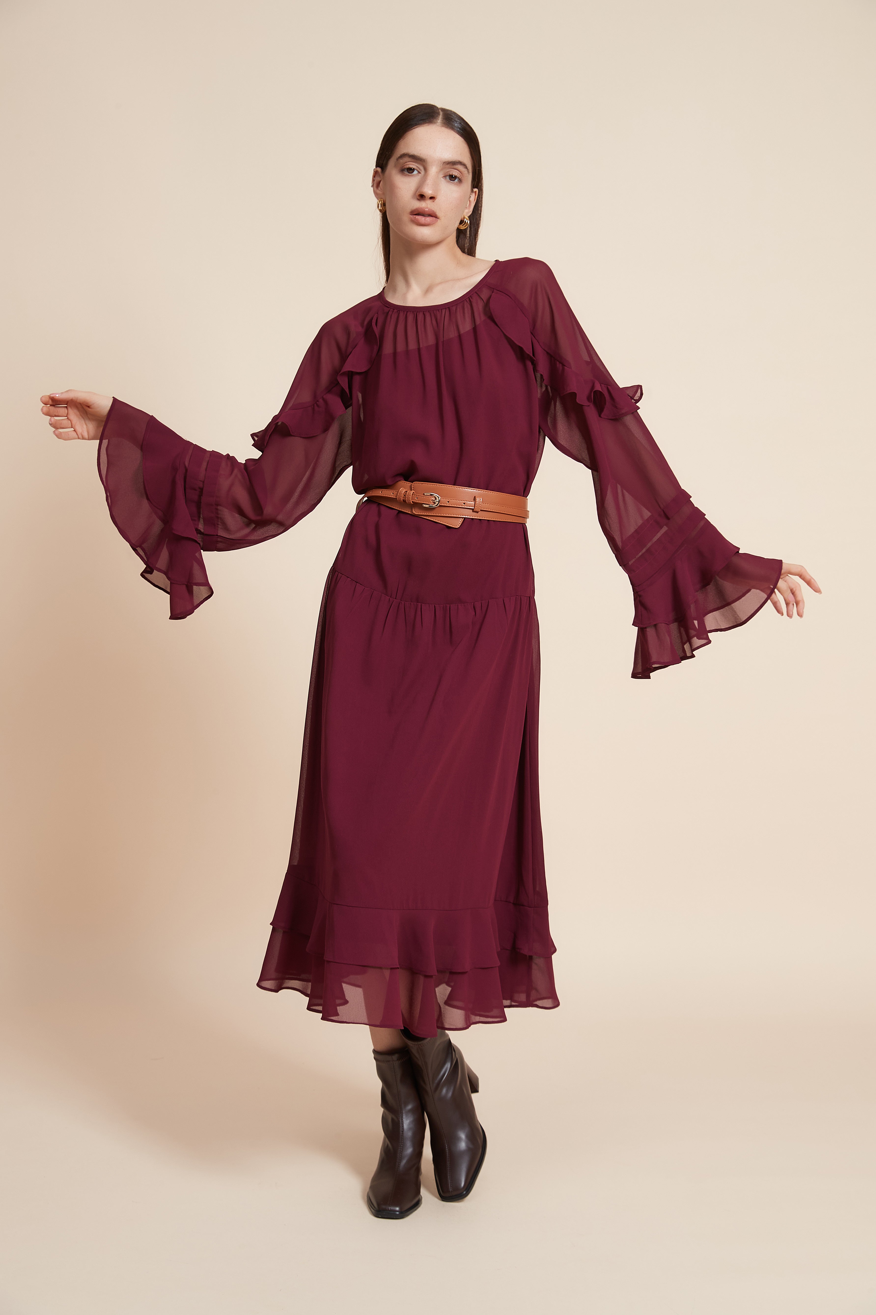 Long Sleeve Midi Dress with Waist Belt