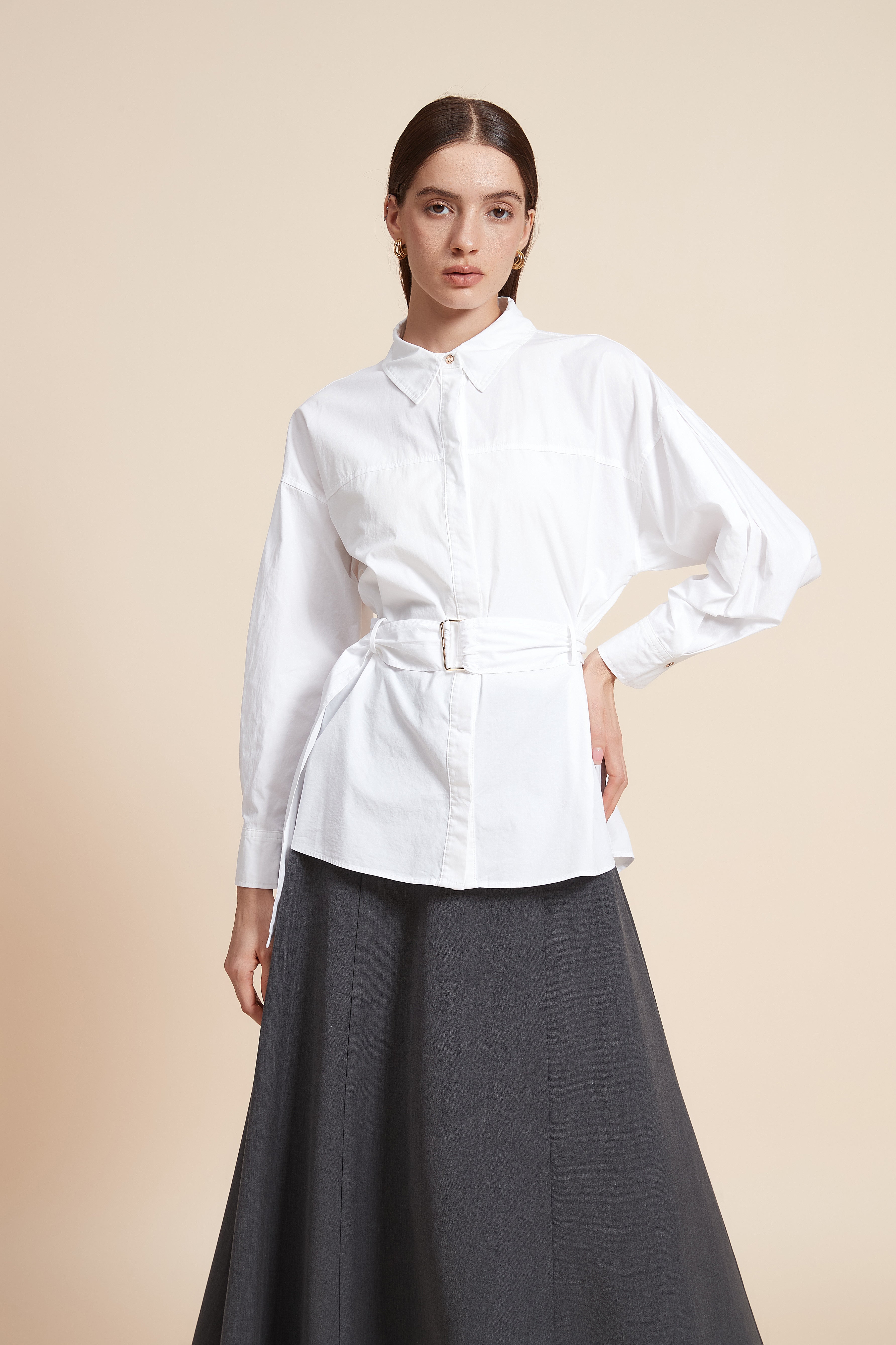 Plain Long Sleeve Blouse with Belt