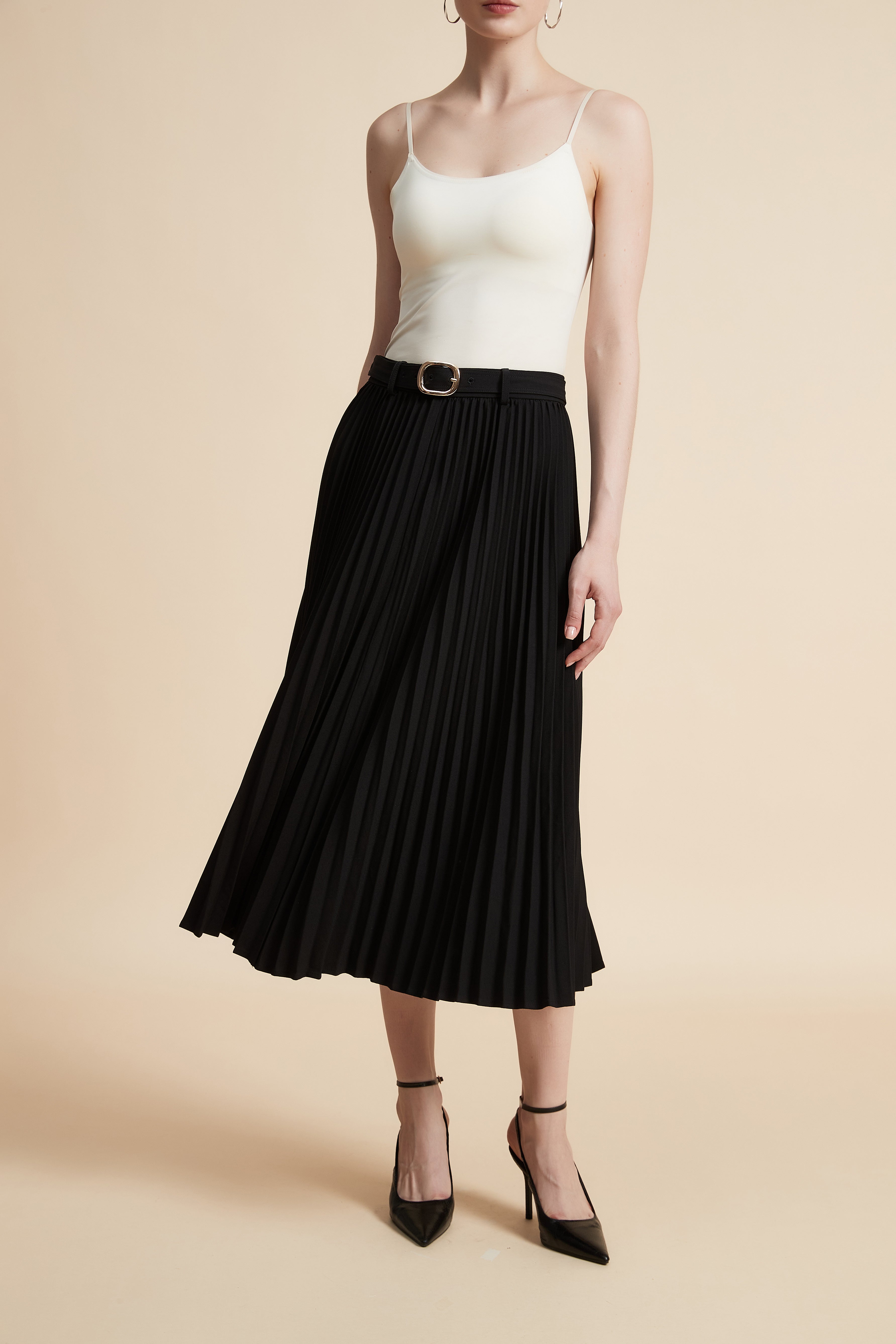 Solid Pleated Midi Skirt