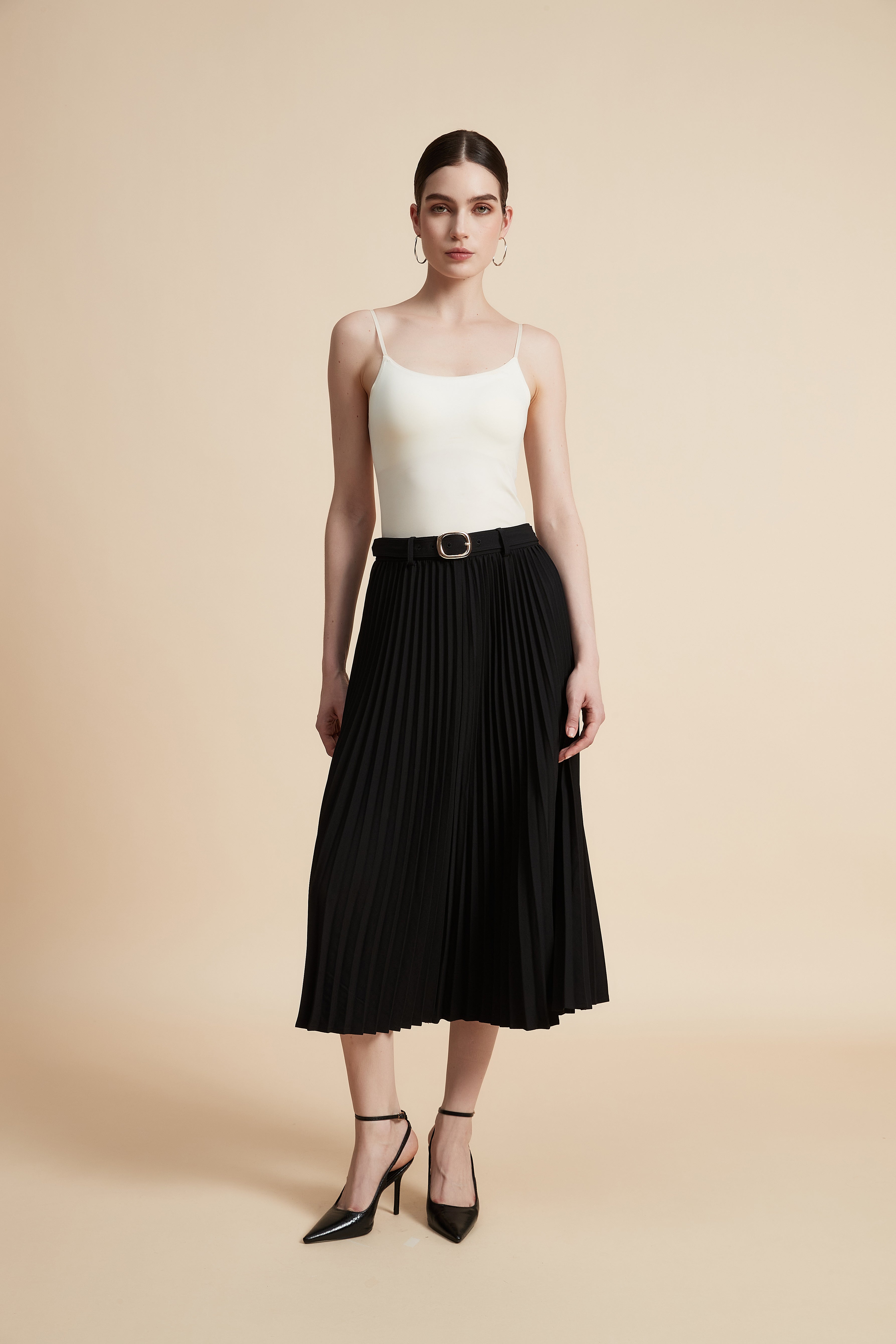 Solid Pleated Midi Skirt
