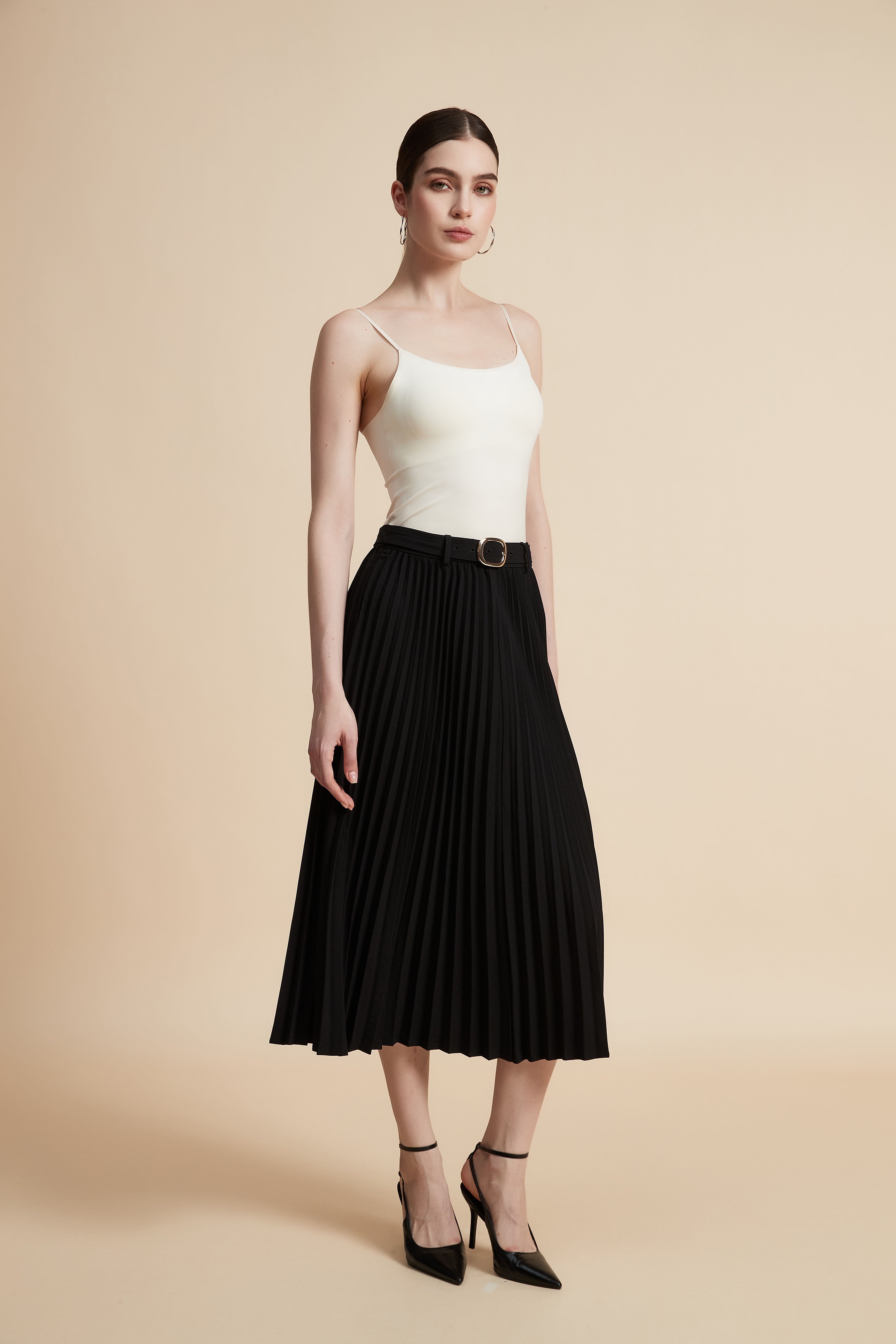 Solid Pleated Midi Skirt