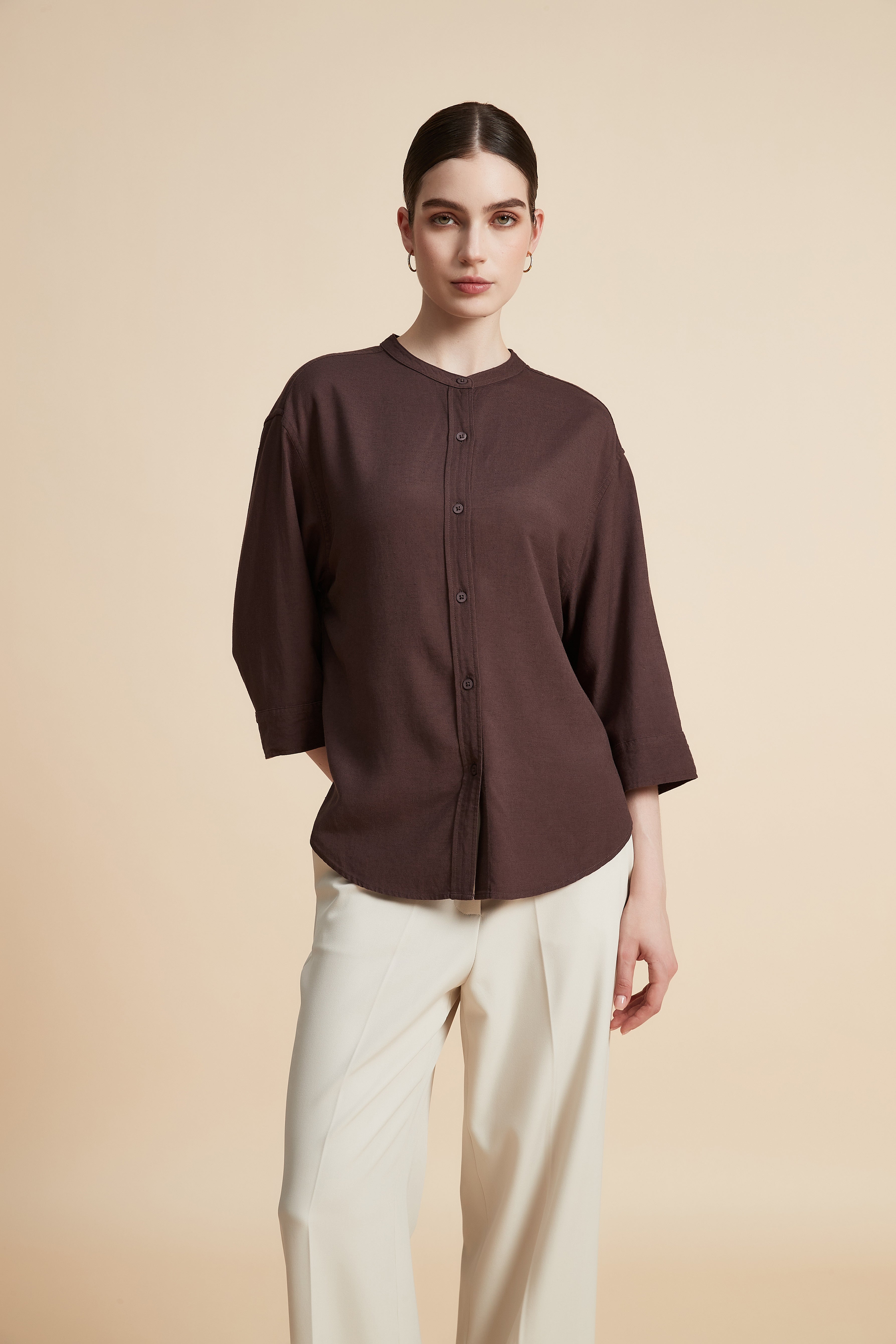 Solid 3/4 Sleeve Blouse with Front Buttons